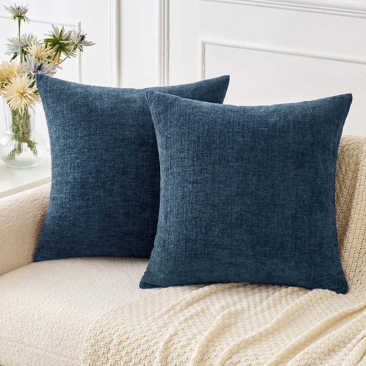 Miulee Pack Of 2 Blue Throw Pillow Covers 18X18 Inch Soft Chenille Pillow Covers For Sofa Living Room Couch Solid Dyed Cases
