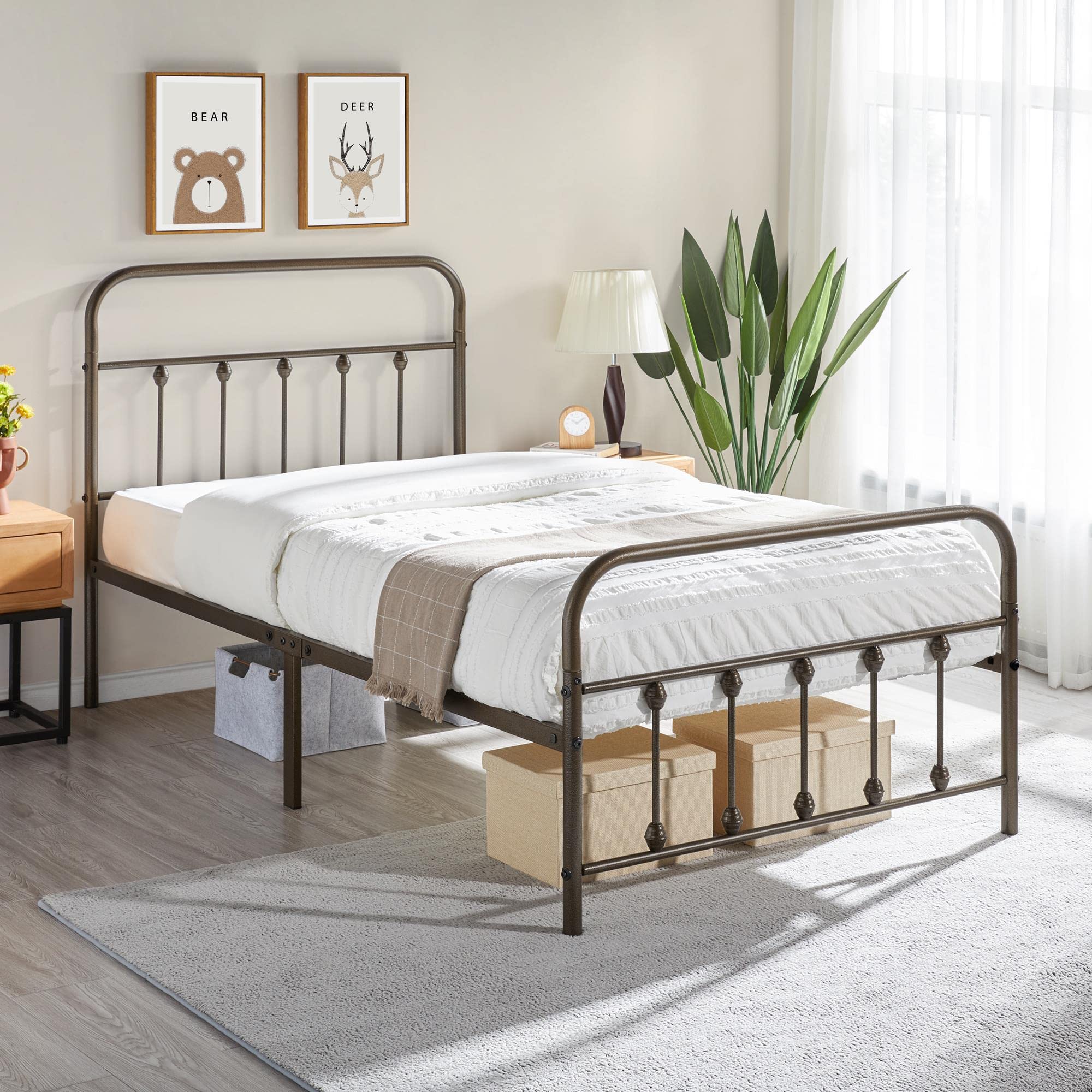 Yaheetech Classic Metal Platform Bed Frame Mattress Foundation With Victorian Style Iron-Art Headboard/Footboard/Under Bed Storage/No Box Spring Needed/Twin Size Bronze