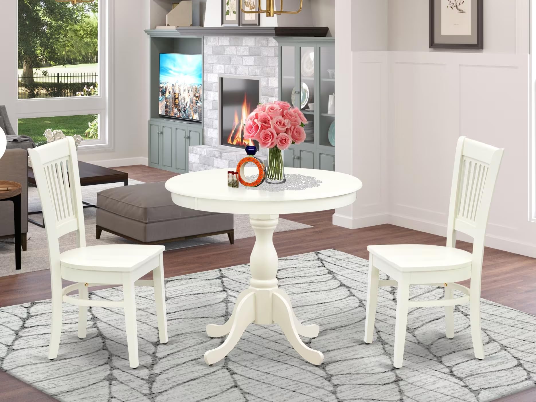 East West Furniture Amva3-Lwh-W 3 Piece Kitchen Table Set For Small Spaces Contains A Round Dining Room Table With Pedestal And 2 Dining Chairs, 36X36 Inch, Linen White