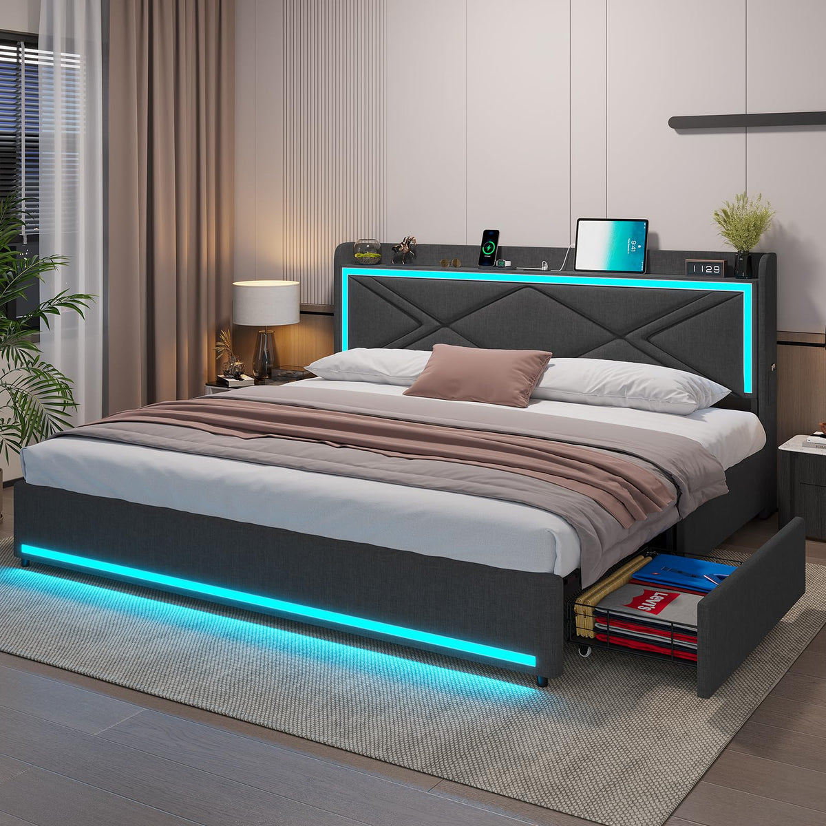 Hauoms King Size Led Bed Frame With Storage Headboard And Charging Station, Upholstered King Platform Bed Frame With 4 Drawers,