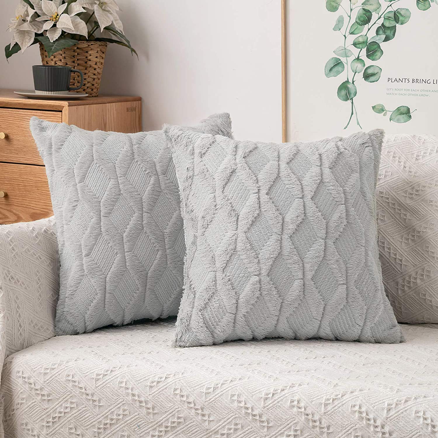 Miulee Light Gray Throw Pillow Covers 20X20 Set Of 2 Decorative Farmhouse Couch Throw Pillows Boho Shells Cute Soft Plush Wool W