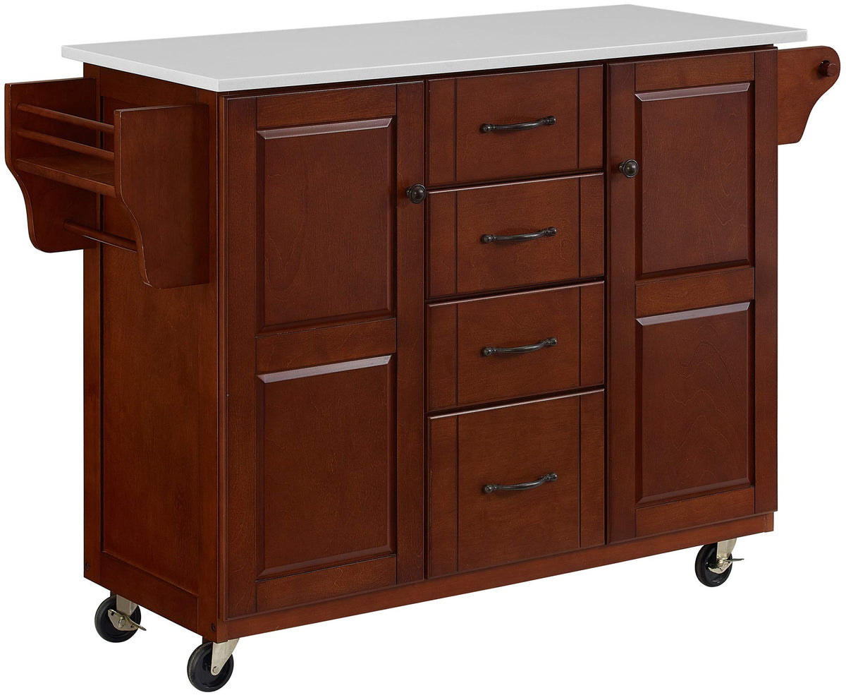 Crosley Furniture Eleanor Stone Top Rolling Cart And Kitchen Island With Spice Rack, Drawers And Shelves, Mahogany