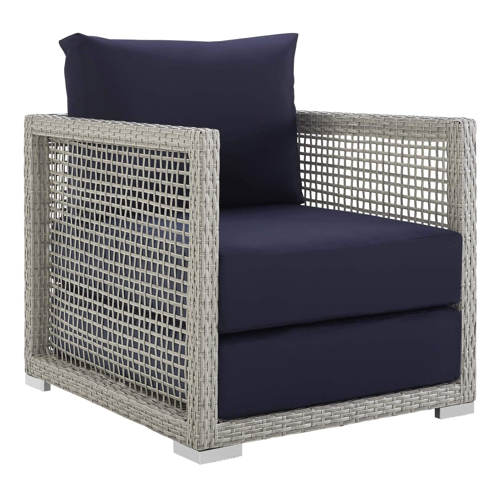 Modway Aura Outdoor Patio Wicker Rattan, Sofa, Armchair And Coffee Table, Gray Navy