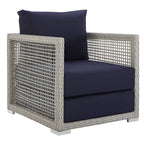Modway Aura Outdoor Patio Wicker Rattan, Armchair And Two Side Tables, Gray Navy
