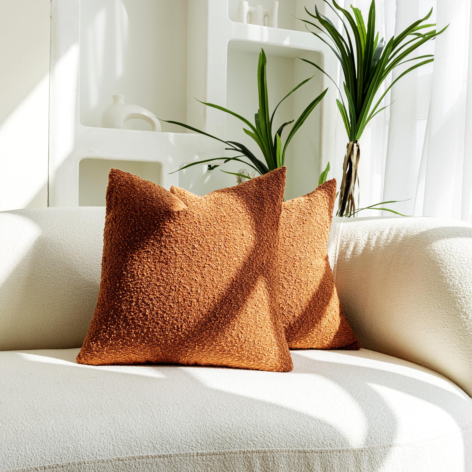 Sonaichte Decorative Throw Pillow Covers 18X18 Pillow Cover Set Of 2 Textured Boucle Pillow Covers Rust Pillows Neutral Organic