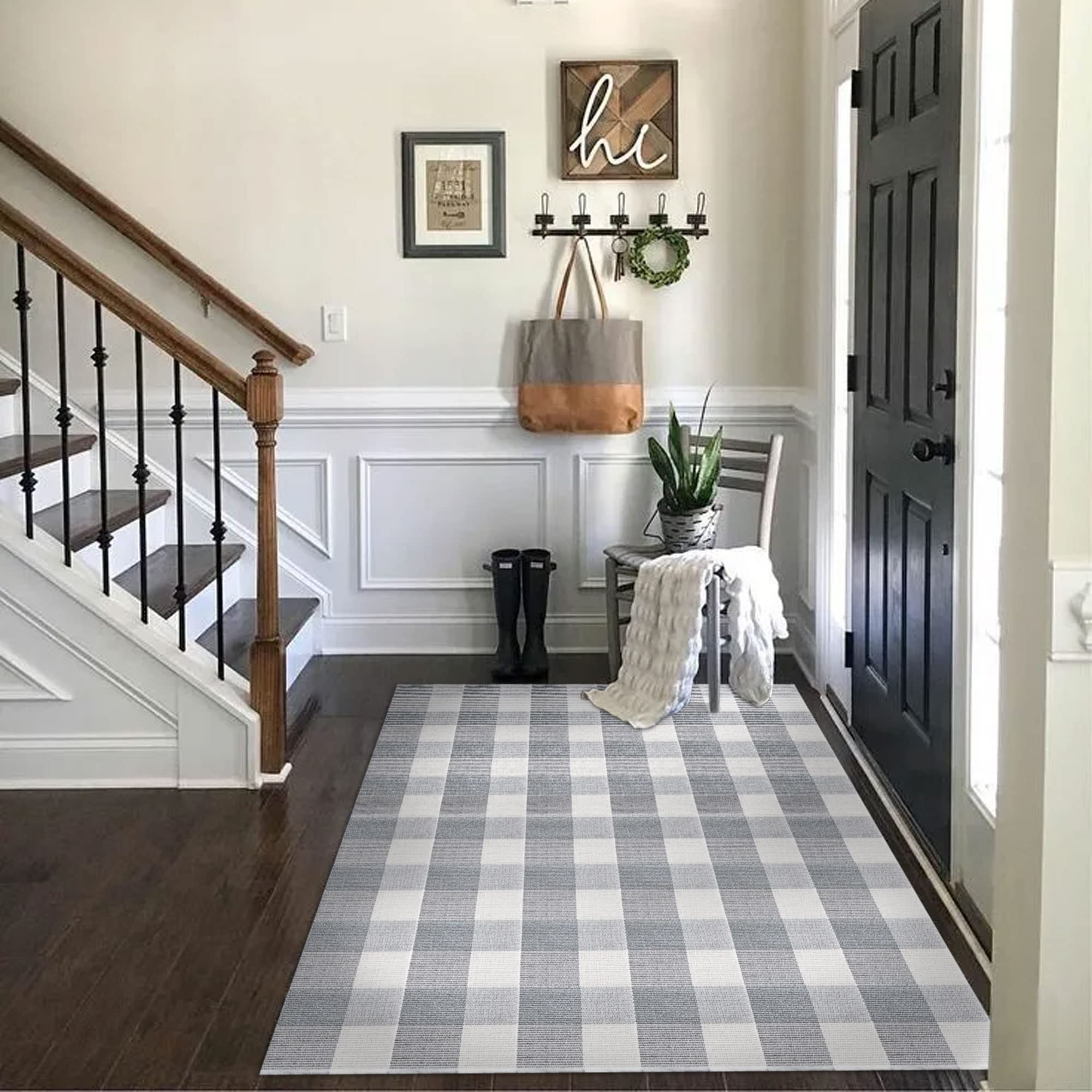 SEEKSEE Cotton Buffalo Plaid Rug 4x6 Gray and White Checked Rug Washable Doormats Indoor Outdoor Rugs for Layered Front Door M