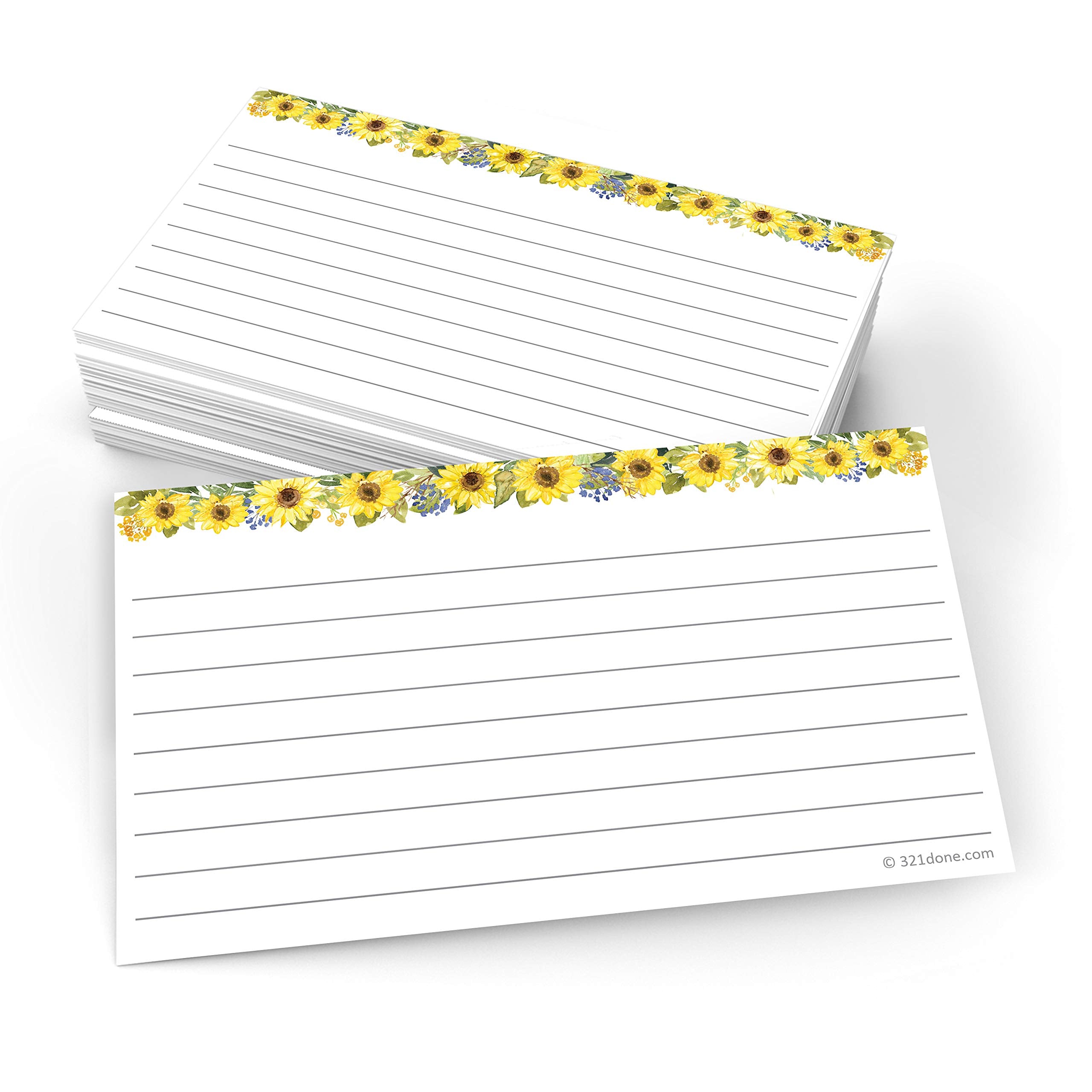 321Done Sunflower Index Cards - Made In Usa - Small 3X5 (Set Of 50), Narrow-Ruled Lined Notecards Double-Sided, Thick Heavy Duty
