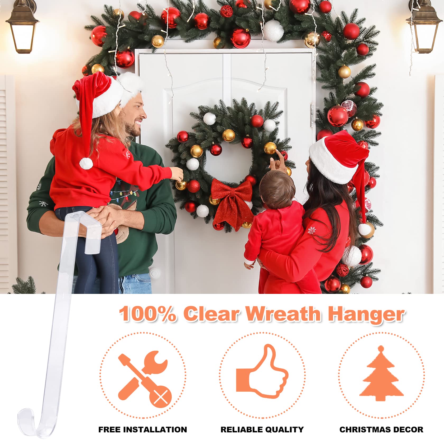15' Clear Wreath-Hanger Non Scratch Over The Door Hooks,2 Pack Wreath-Door-Hanger Easter Halloween Christmas Decoration,Welcome