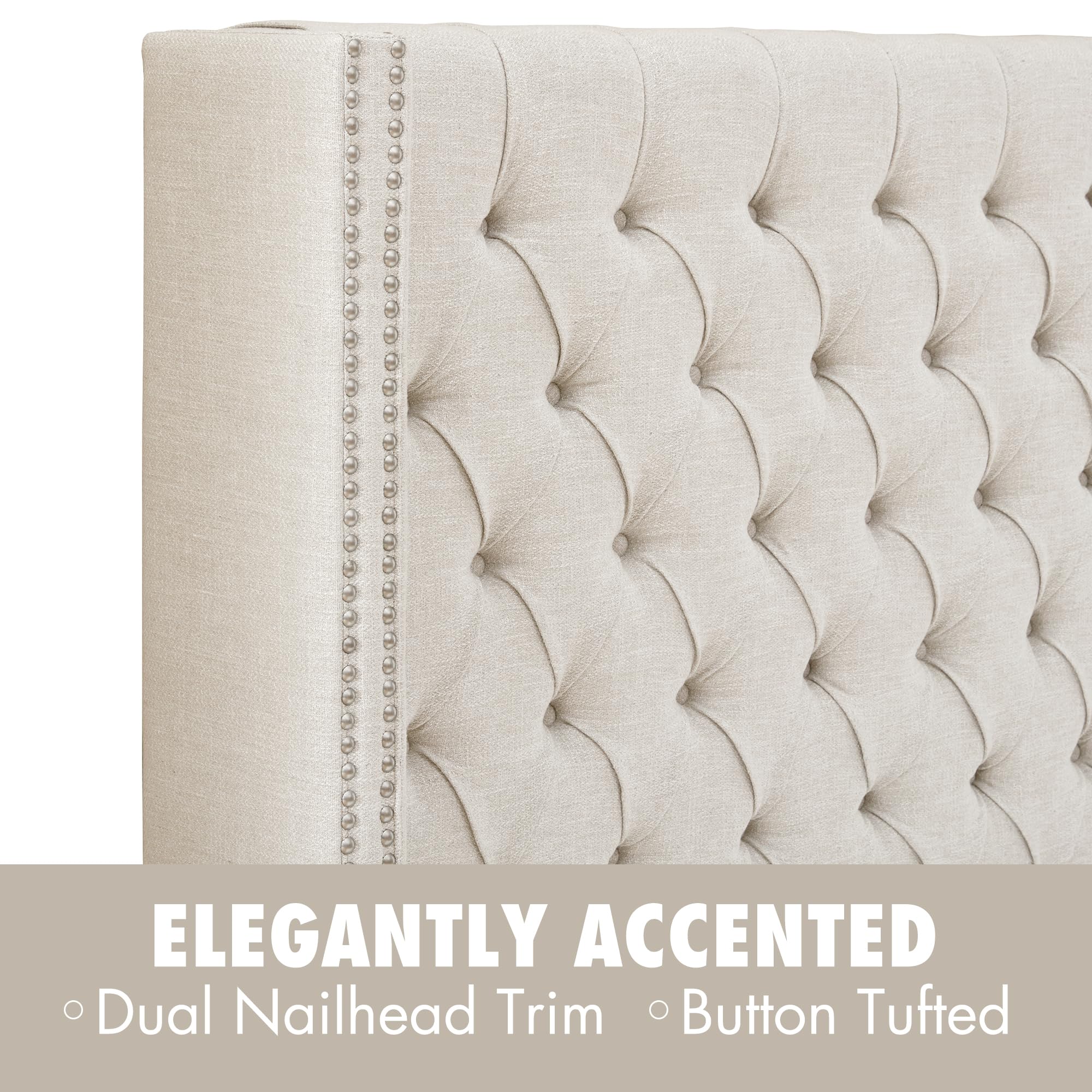 Madison Park Amelia Upholstered Headboard | Nail Head Trim Wingback Button Tufted | Queen, Cream