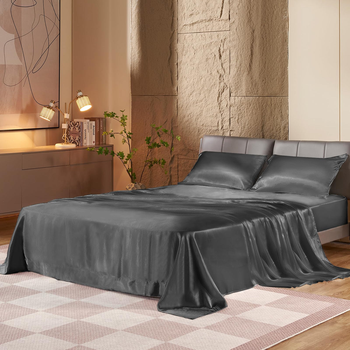 Hengwei King Size Satin Sheets Set 4 Piece Soft King Sheet Set Deep Pocket,King Size Sheet Set Hotel Luxury Bed Sheets,Easy Care