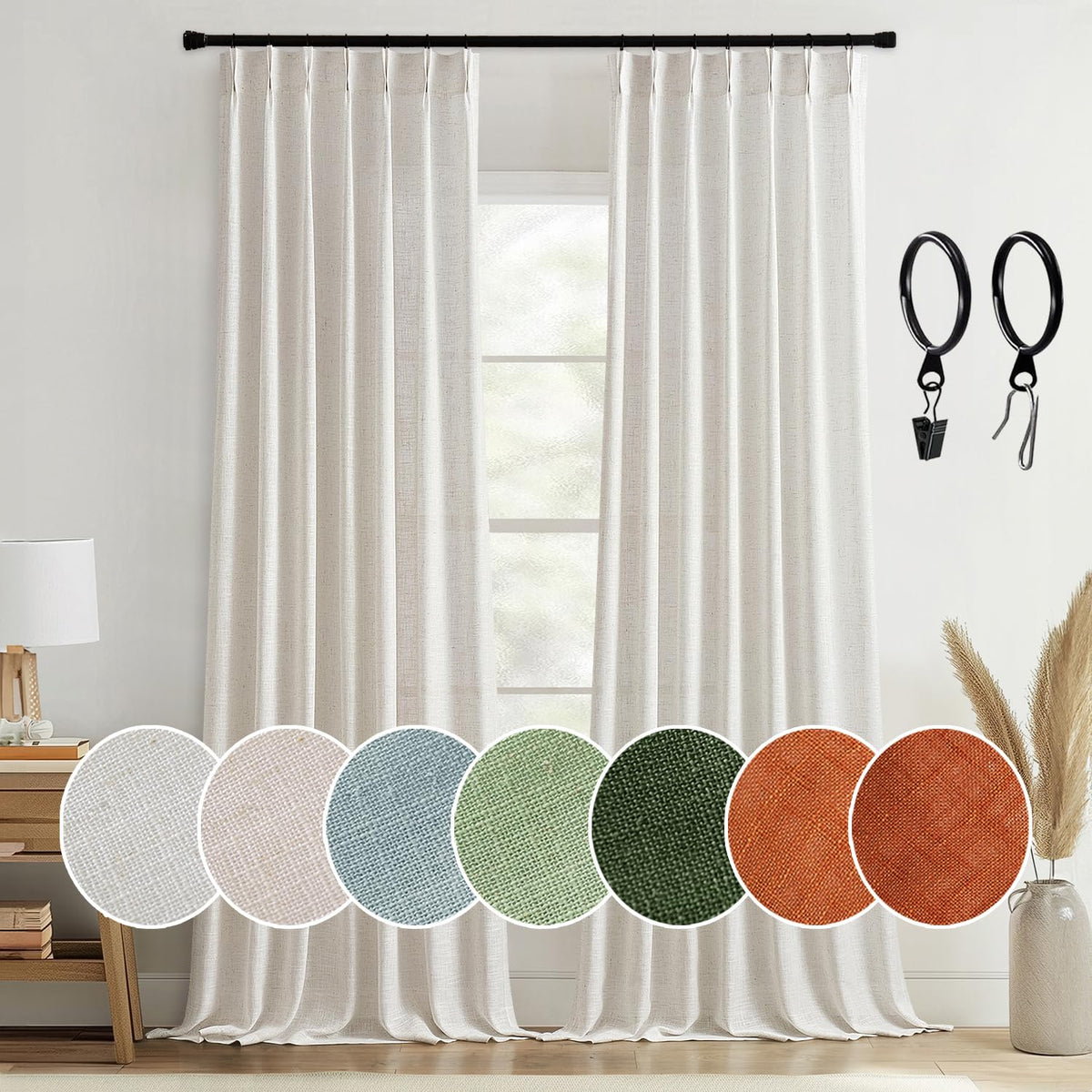 Miulee Pinch Pleated Linen Curtains 96 Inches Long 2 Panels For Bedroom Living Room, Soft Thick Linen Textured Window Drapes Ple