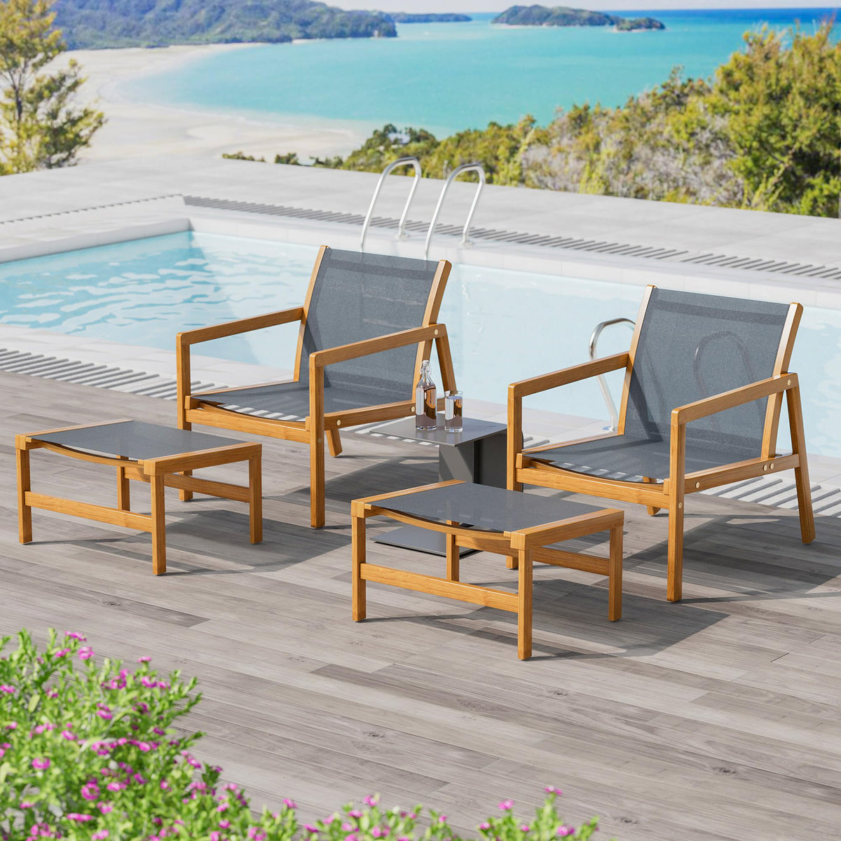 Greesum 4 Piece Furniture Outdoor Acacia Wood Chair With Ottoman For Porch, Balcony, Deck, Patio, Backyard, Gray