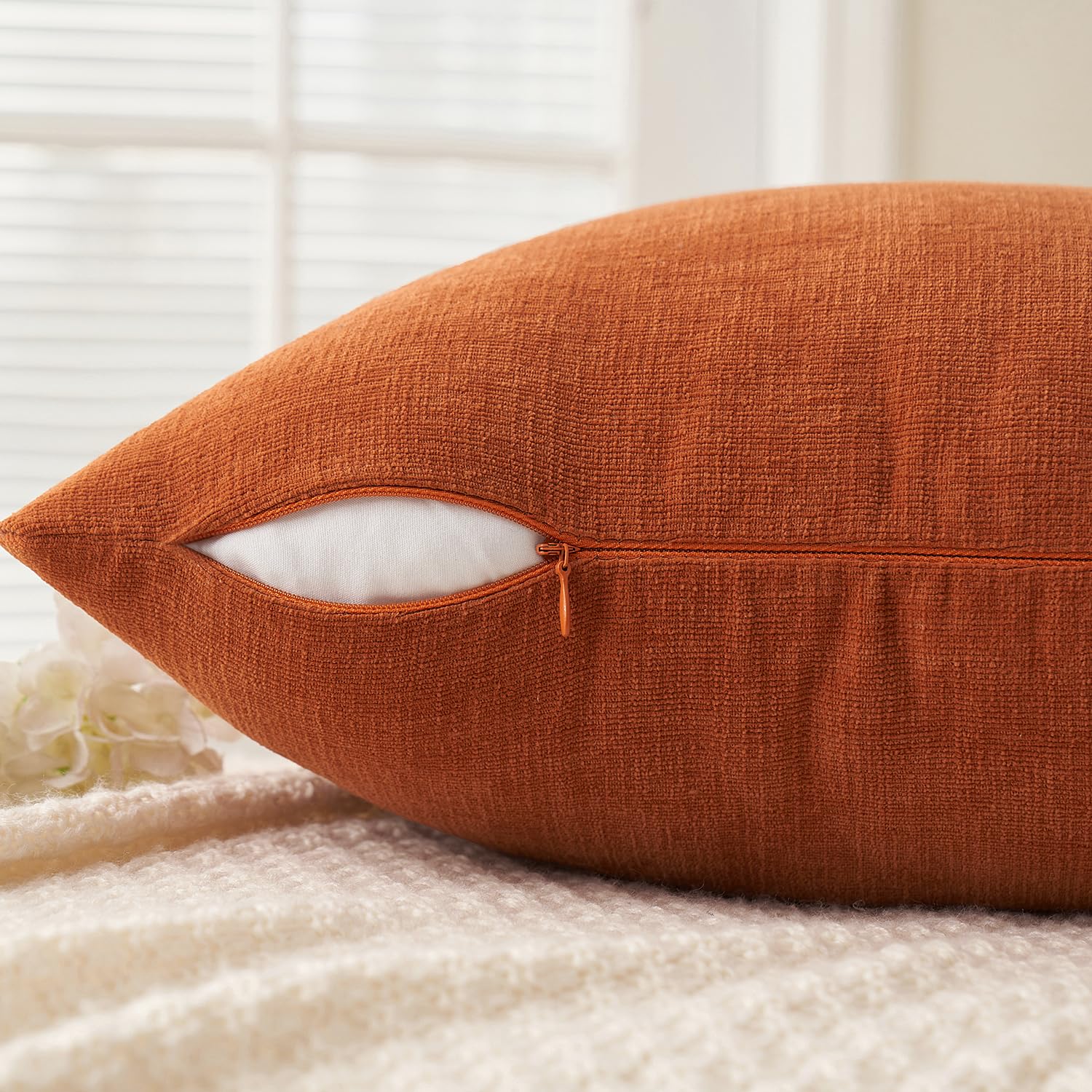 MIULEE Burnt Orange Chenille Couch Pillow Covers 18x18 Inch, Set of 2 Soft Decorative Square Throw Pillows for Sofa Living Room