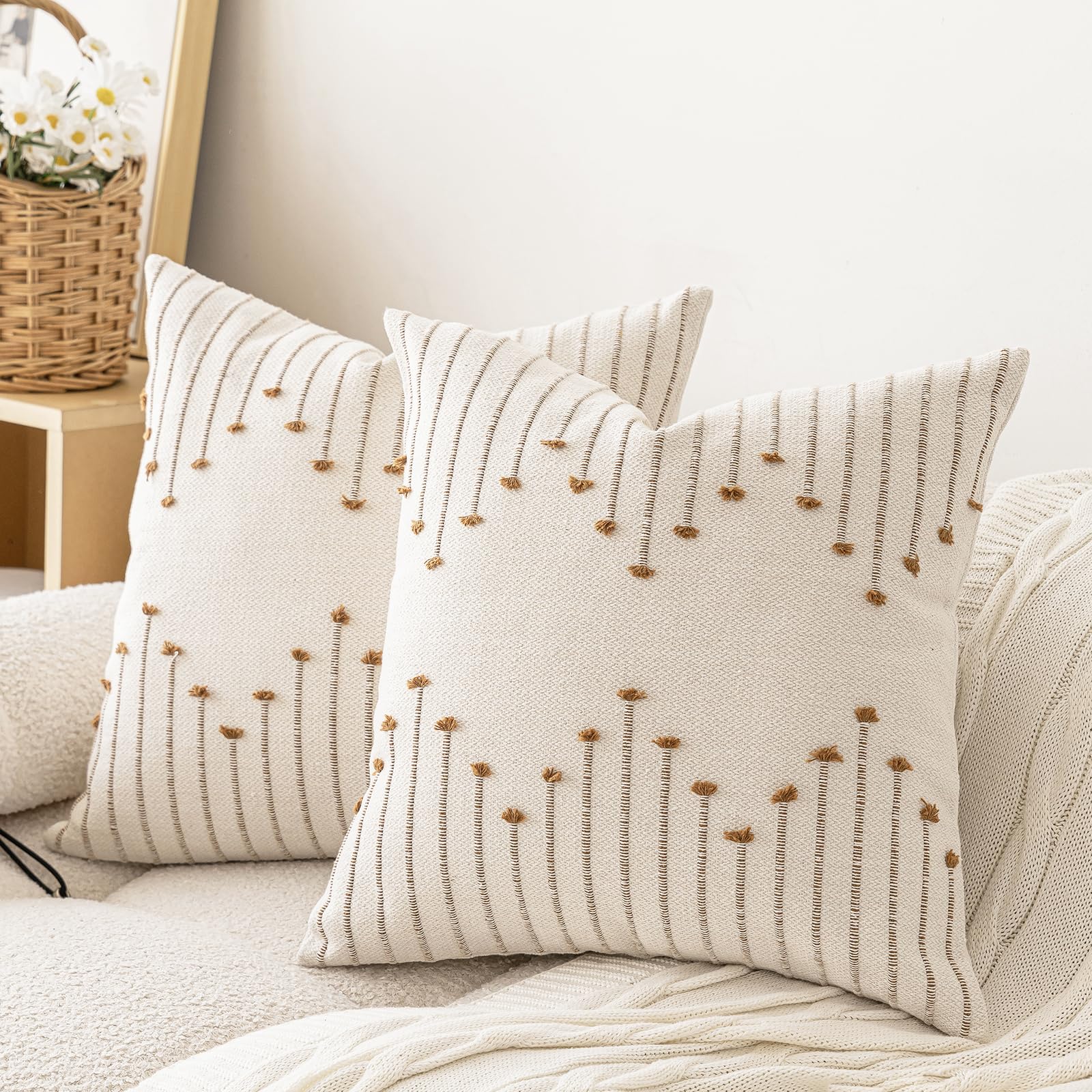 Lilepoy Boho Throw Pillow Covers 20X20 Set Of 2 Neutral Decorative Textured Cushion Case Farmhouse Pillowcase Modern Square Pill