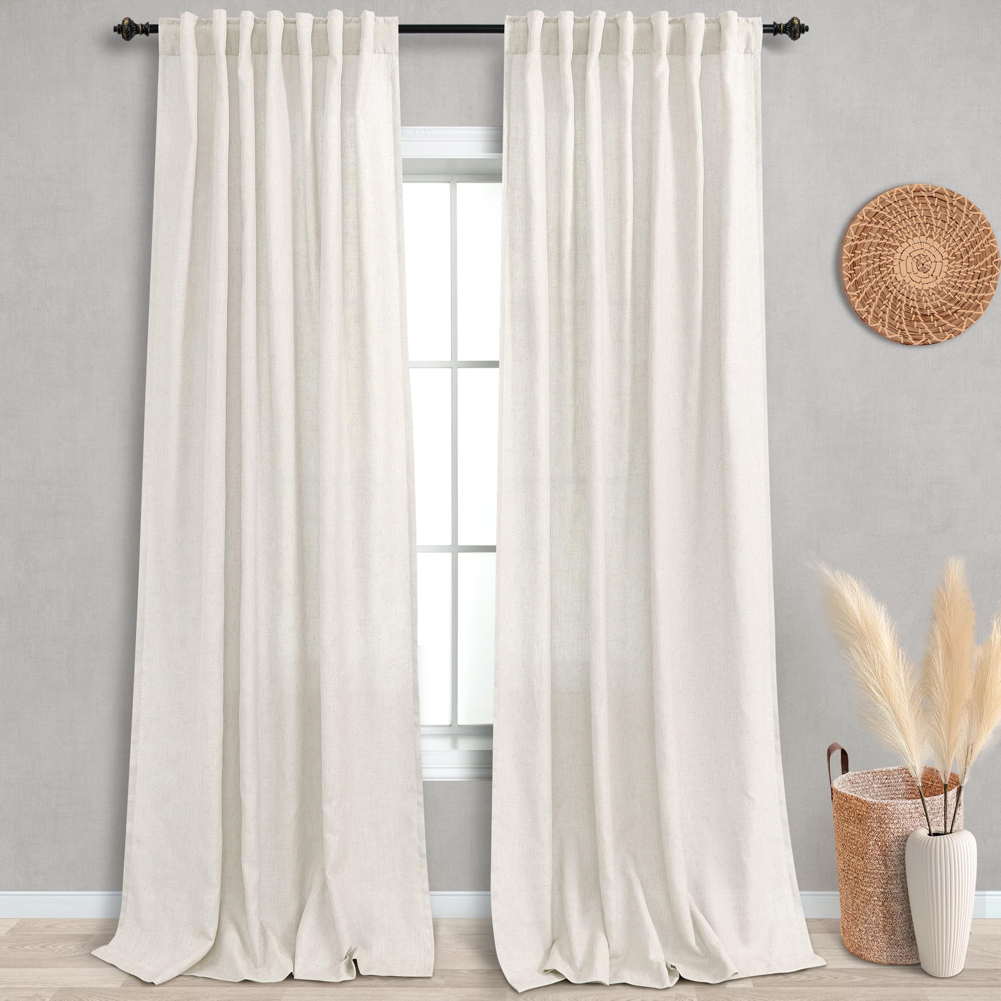 KOUFALL 2 Panel Set Linen Sheer Curtains 96 Inches Long for Sliding Glass Door Window Treatments Drapes Living Room,Off White Iv