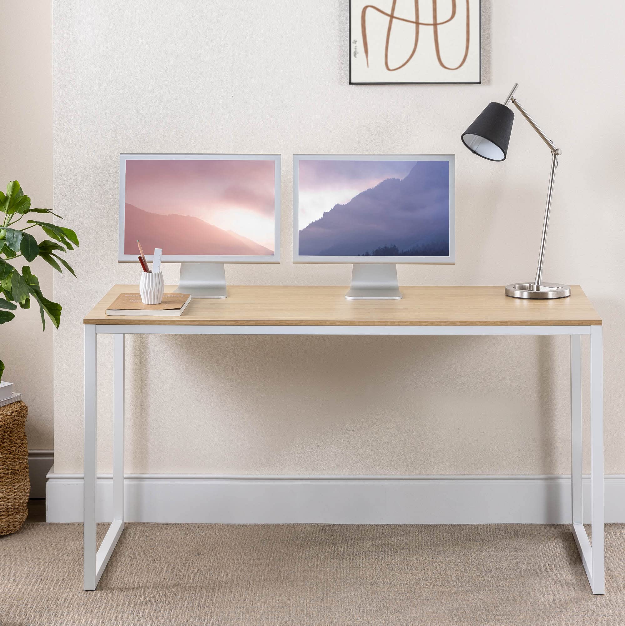 Zinus Jennifer 55 Inch White Frame Desk, Computer Workstation, Office Desk, Dining Table, Easy Assembly, Natural