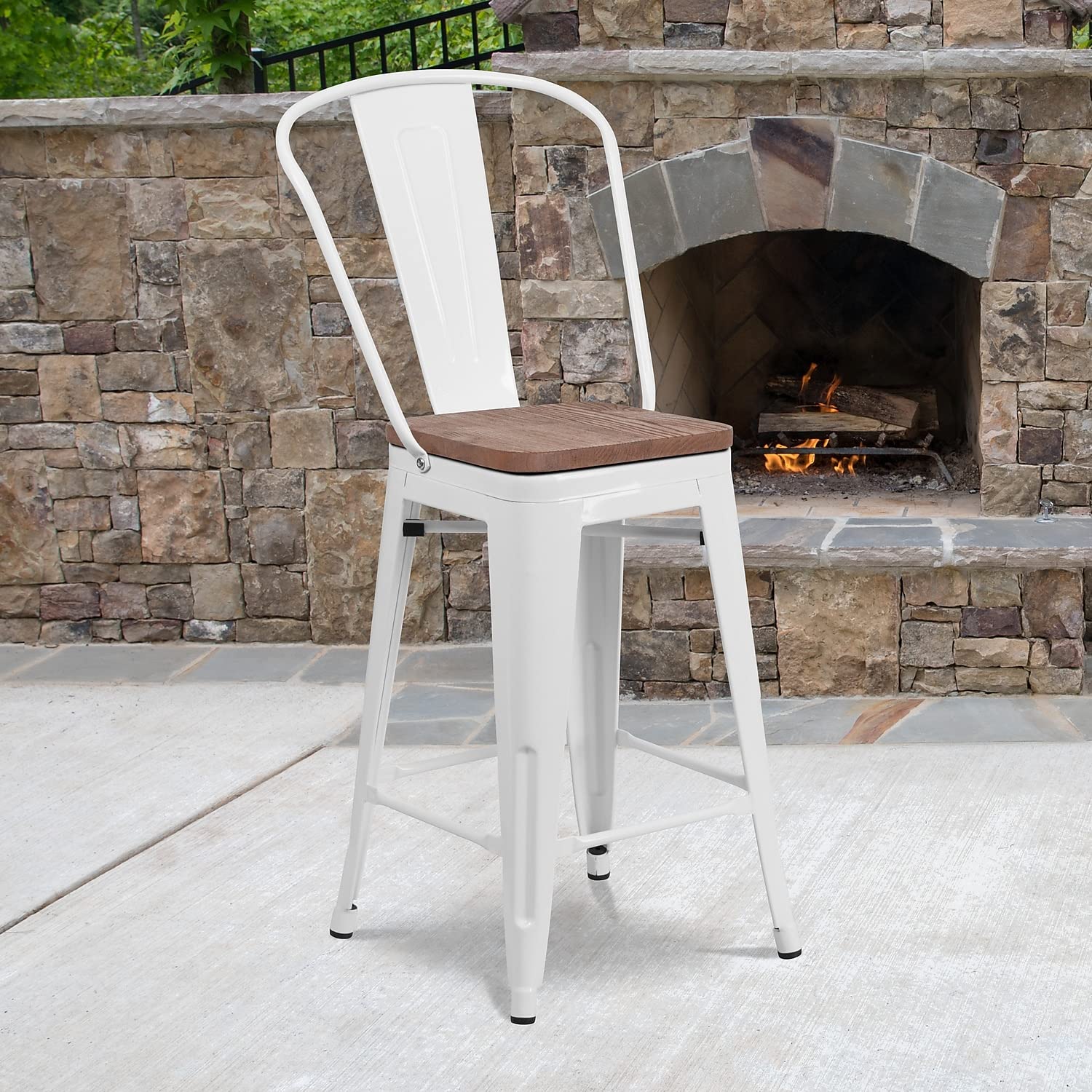 Flash Furniture Lily 24' High White Metal Counter Height Stool With Back And Wood Seat (Pack Of 1)