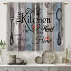 Laifzere Teal Blue Farmhouse Rustic Kitchen Curtains Wooden Wood Small Short Cafe Window Curtains Vintage Fork Spoon Retrobathro