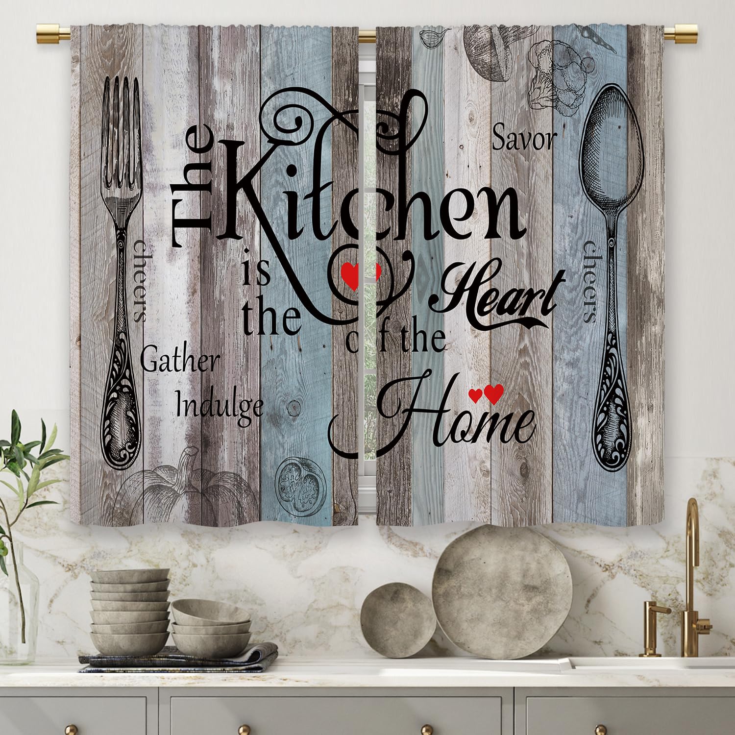 Laifzere Teal Blue Farmhouse Rustic Kitchen Curtains Wooden Wood Small Short Cafe Window Curtains Vintage Fork Spoon Retrobathro