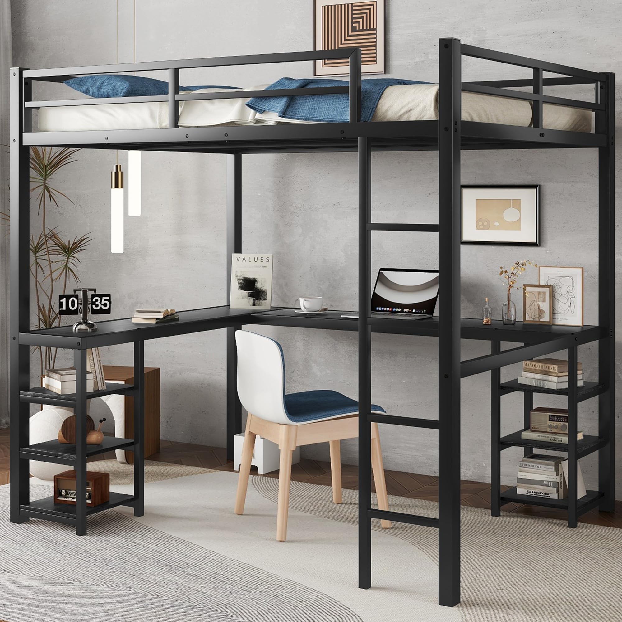 Full Size Loft Bed with Desk and Storage Shelves, Heavy Duty Metal Loft Bed with Black Desk and Guardrail, Full Size Loft Bed fo
