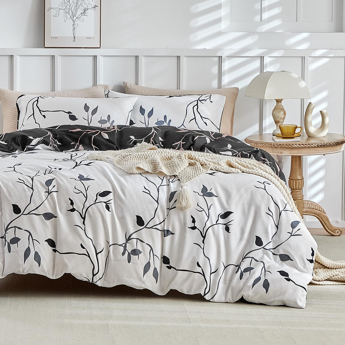Lekesky Reversible Duvet Cover Queen Size, White Black Tree Branch Pattern Comforter Cover Queen 3Pc Super Soft Microfiber Breat