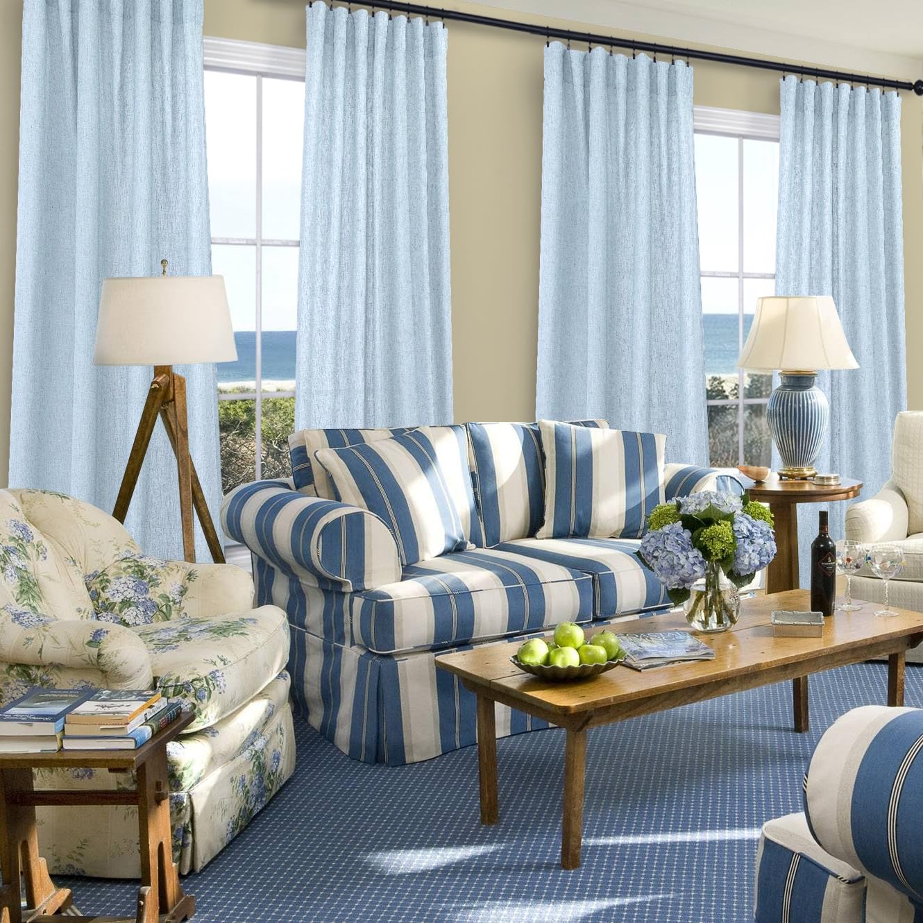 Koufall Blue Curtains 96 Inches Long For Living Room Girls Bedroom Set 2 Panels,Rod Pocket Light Blue Linen Semi Sheer Curtains 96 Inch Length For Kids Room,Baby Sky Blue