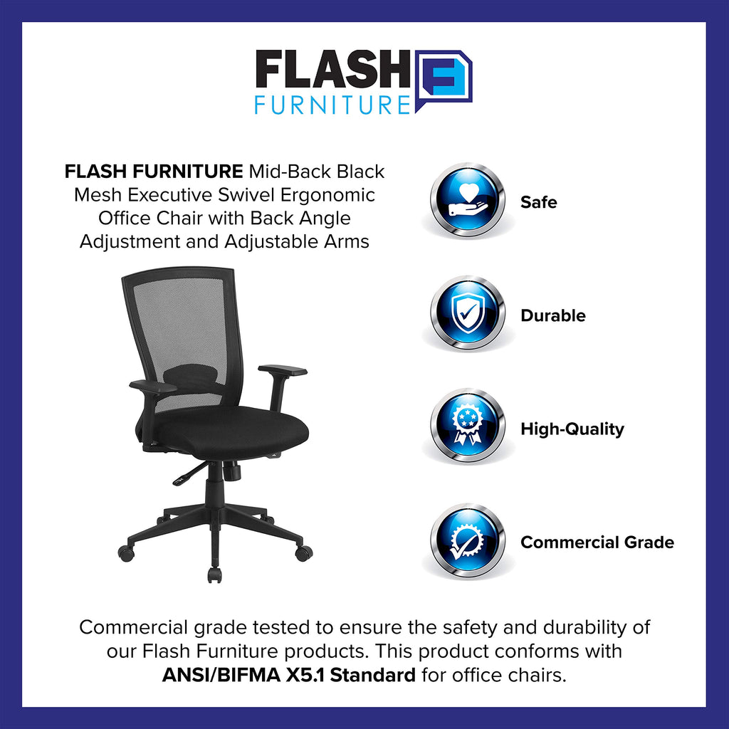 Flash Furniture Cleo Mid-Back Black Mesh Executive Swivel Ergonomic Office Chair with Back Angle Adjustment and Adjustable Arms