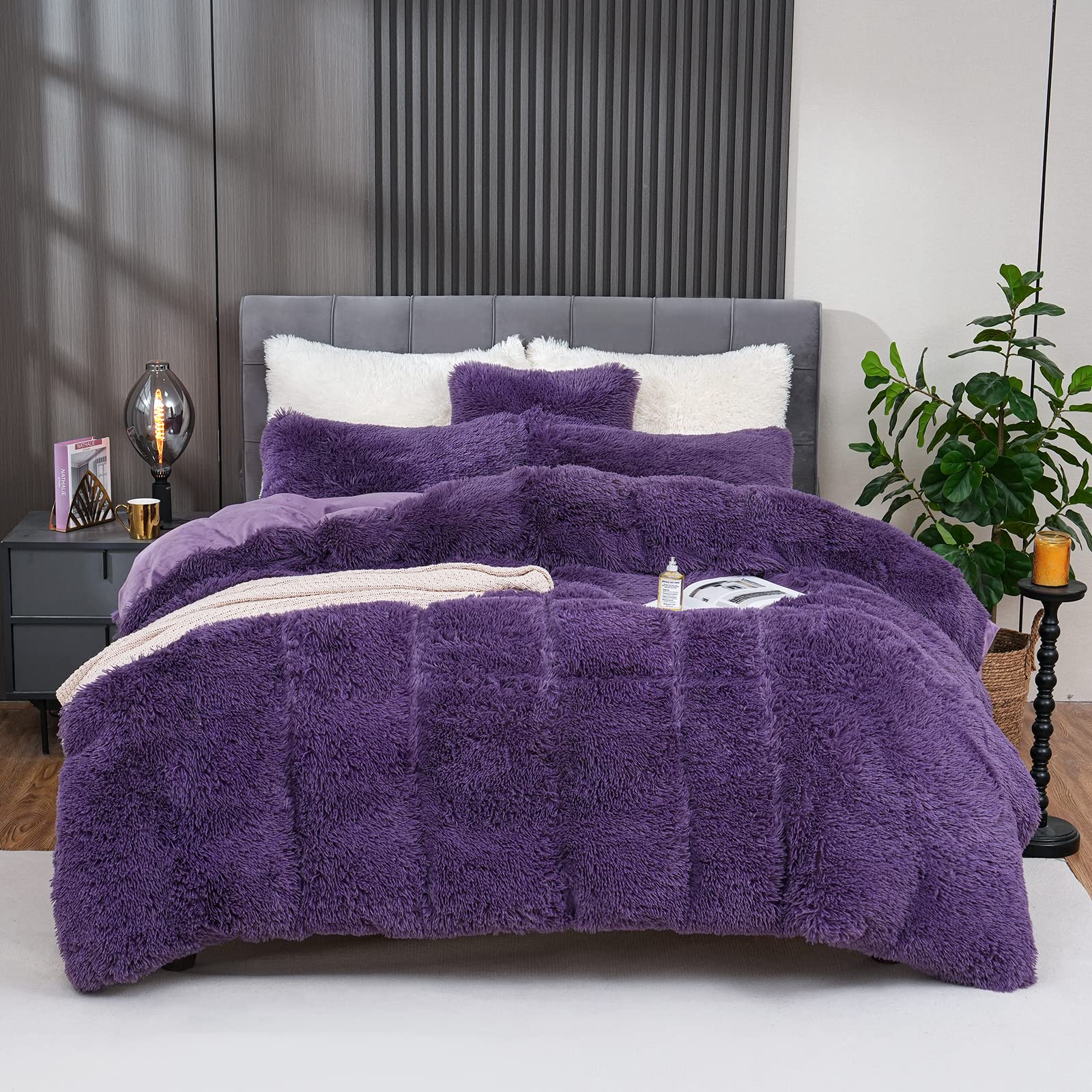 Fluffy Plush Purple Duvet Cover Set Queen Size, Luxury Ultra Soft Velvet Fuzzy Comforter Cover Bed Sets 4 Pcs(1 Faux Fur Duvet C