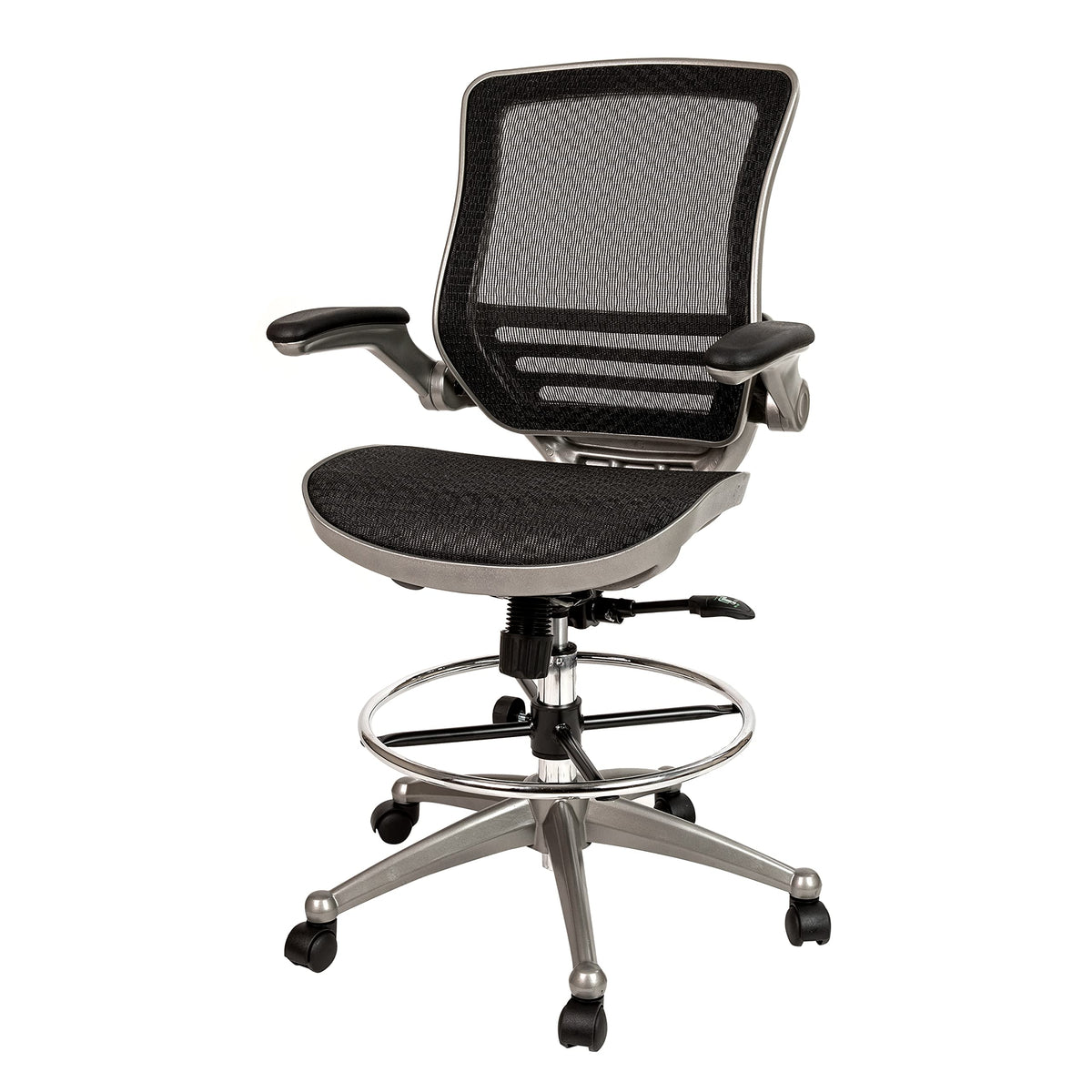 Flash Furniture Waylon Mid-Back Swivel Office Chair with Adjustable Foot Ring and Seat Height, Ergonomic Mesh Chair with Armrests, Black/Silver