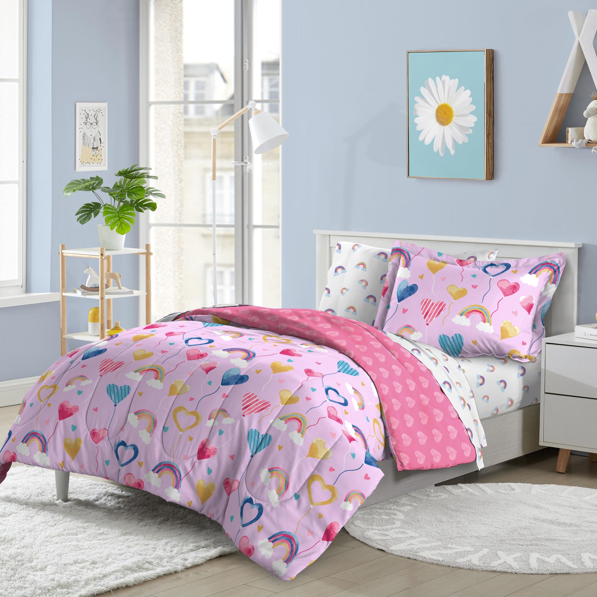 Dream Factory Kids 7-Piece Complete Bed Set Easy-Wash Super Soft Microfiber Comforter Bedding, Full, Lilac Balloon Hearts