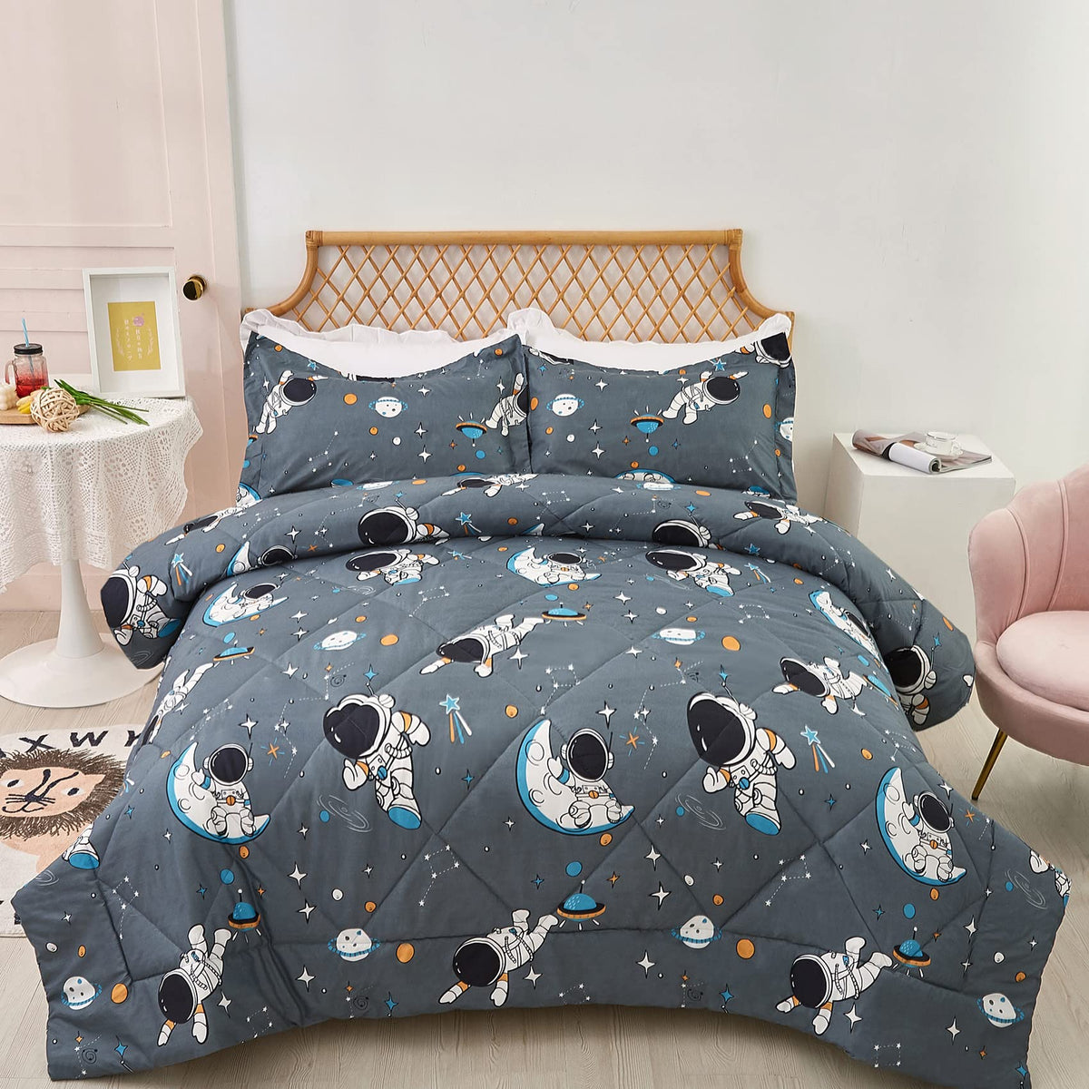 Jsd Grey Astronaut Kids Comforter Set Twin Size, 2 Piece Space Theme Microfiber Comforter With Pillow Sham, Lightweight All Seas