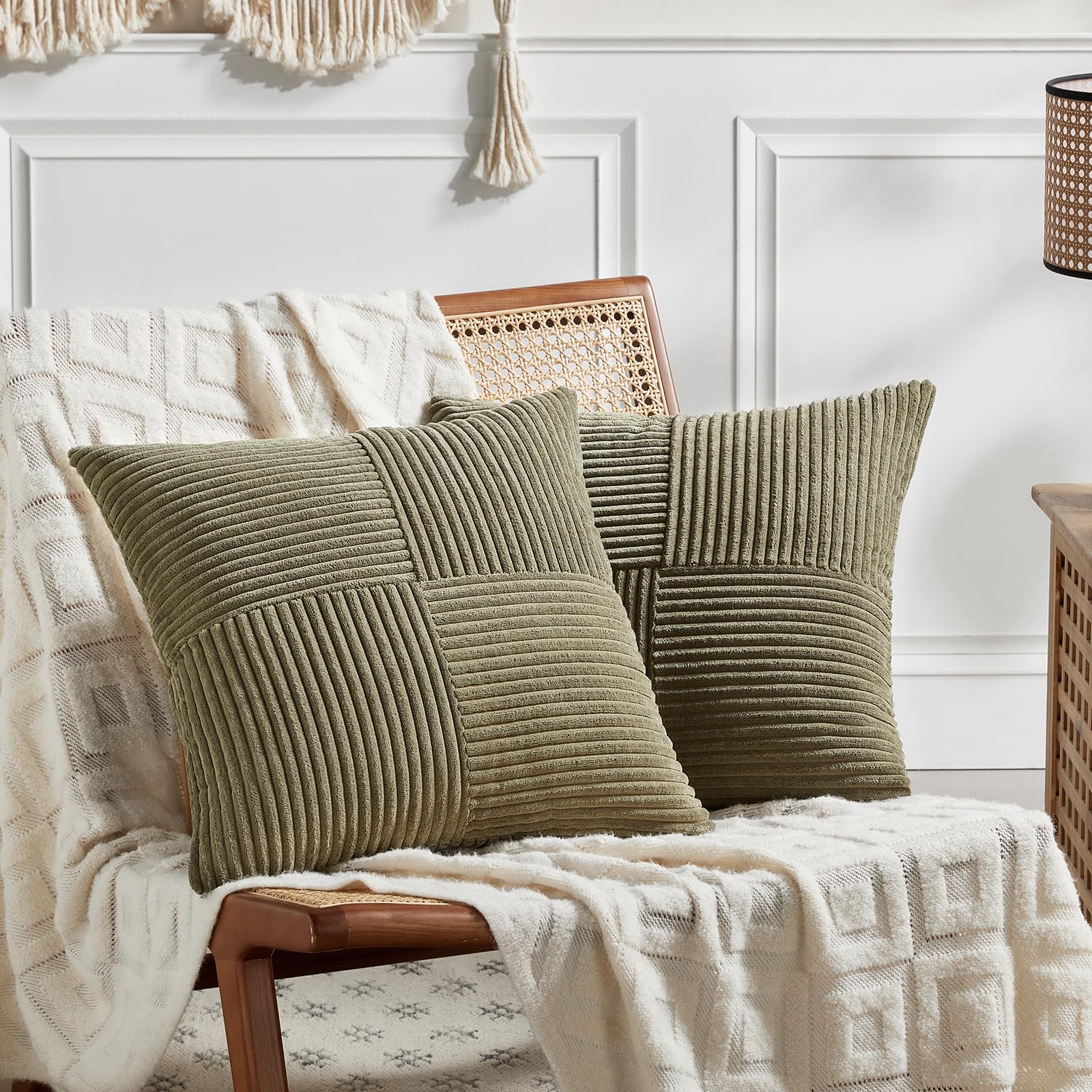 Fancy Homi 2 Packs Olive Green Decorative Throw Pillow Covers 22X22 Inch For Living Room Couch Bed Sofa, Rustic Farmhouse Boho H