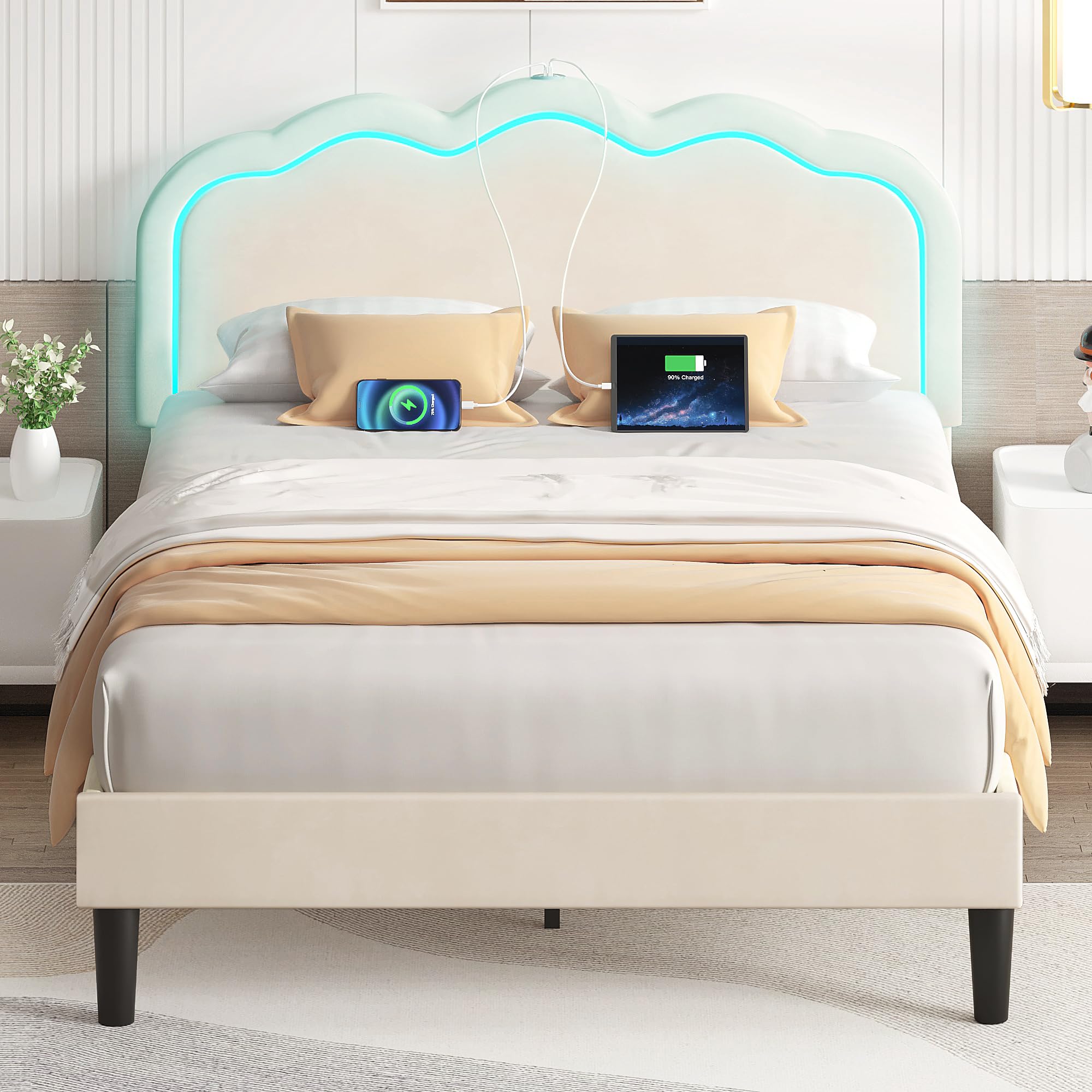 VECELO Upholstered Queen Size Bed Frame with Headboard Adjustable, LED Lights, USB-A & Type-C, Velvet Platform Bed Noise Free, M