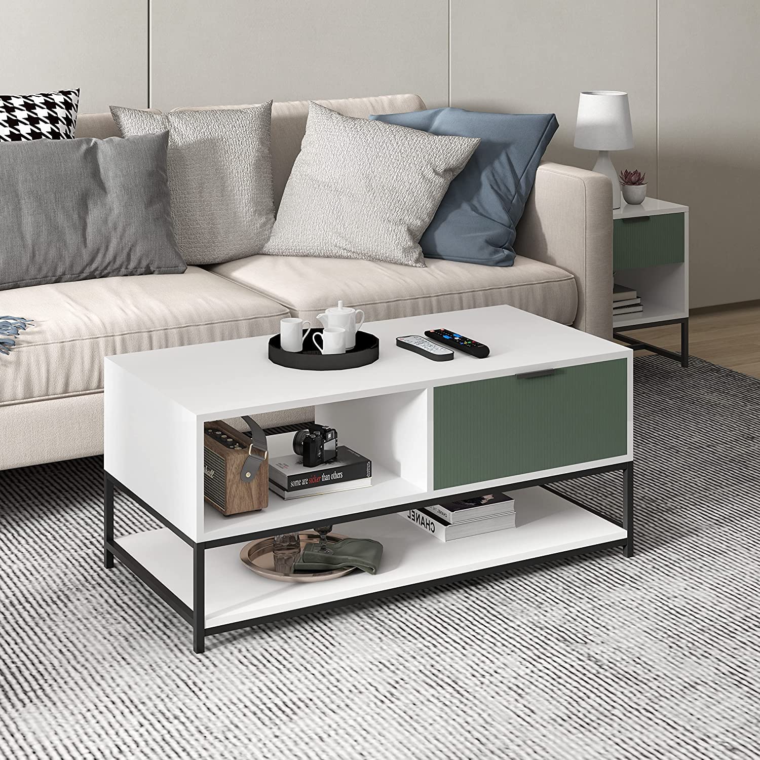 Lilola Home Watson White and Green Wood Coffee Table Steel Frame with Shelves and Drawer
