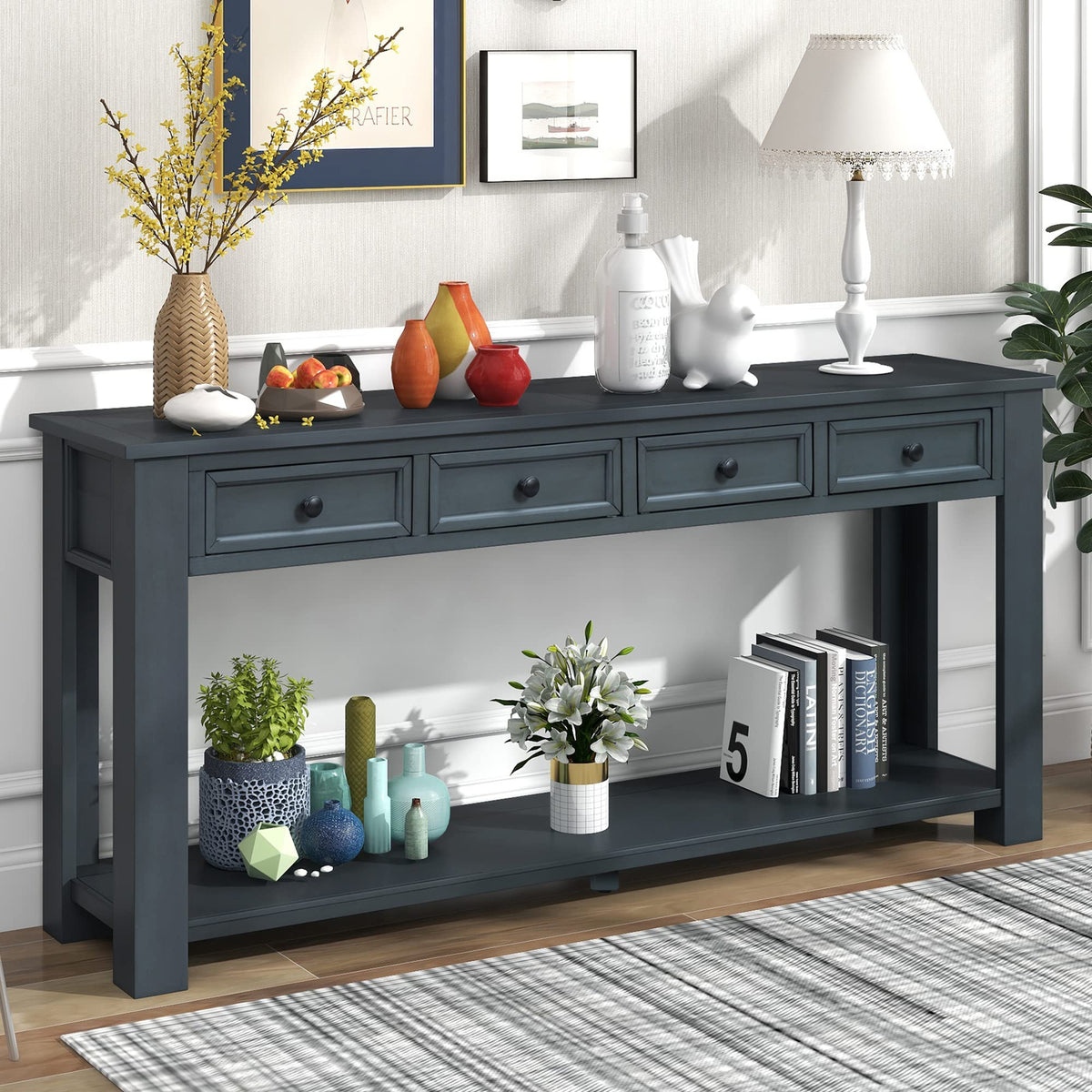 P PURLOVE Farmhouse Wood Console Table with Drawer,Long Console Sofa Entryway Table for Living Room,Entryway