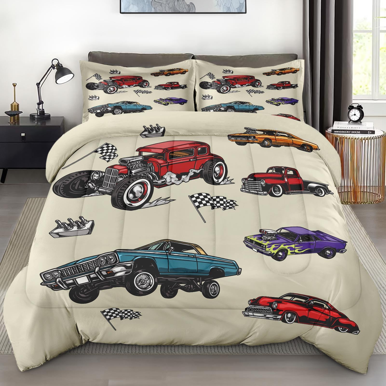 Pamnest Comforter Set Twin Size, Car Colorful Vintage Soft 2 Pcs Bedding For Kids And Adults, Retro Truck American Flag Comforte