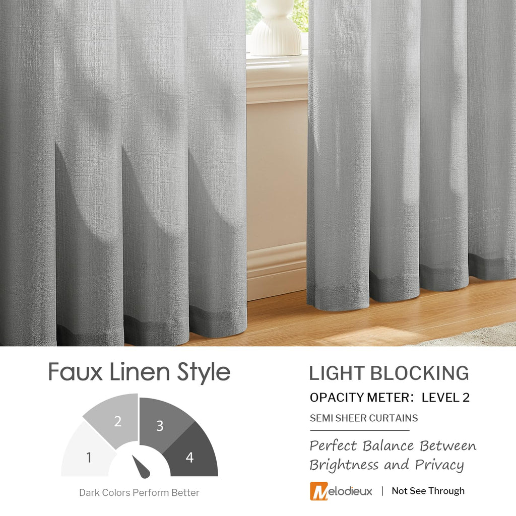 Melodieux Silver Gray Semi Sheer Curtains 45 Inch Length For Bedroom Kitchen Small Windows, Linen Look Rod Pocket Privacy Sheer