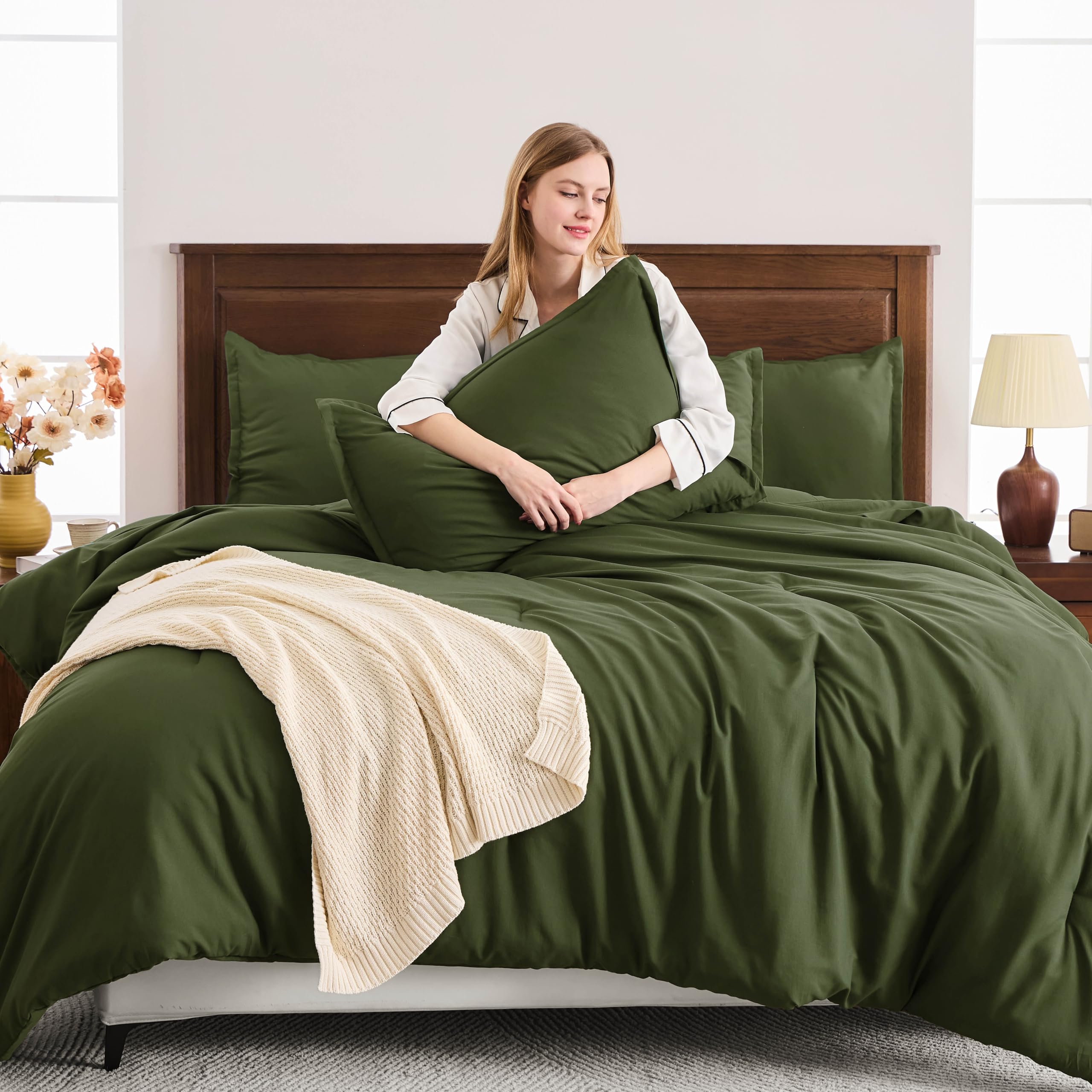 Andency Olive Green Full Size Comforter Set, Solid Comforter Set 3 Pieces (1 Boho Comforter & 2 Pillowcases), Lightweight Fluffy Vintage Olive Bed Comforter Set For All Season