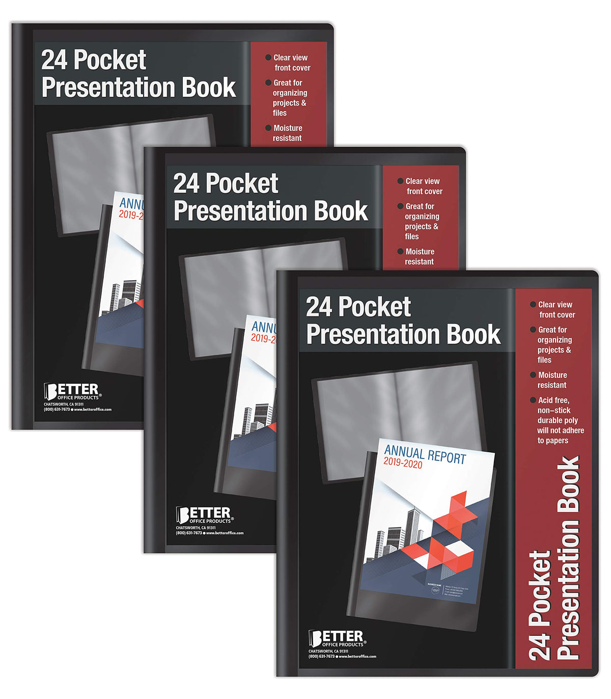 Better Office Products 24 Pocket Bound Sheet Protector Presentation Book, 3 Pack, Clear View Front, 48 Page Capacity, Art Portfo