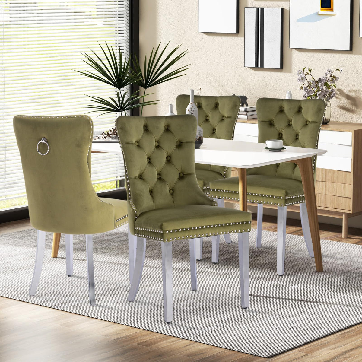 Vicbarley Velvet Dining Chair Set Of 4 Upholstered Tufted Dining Room Chair With Nailhead Trim And Stainless Steel Silver Plated
