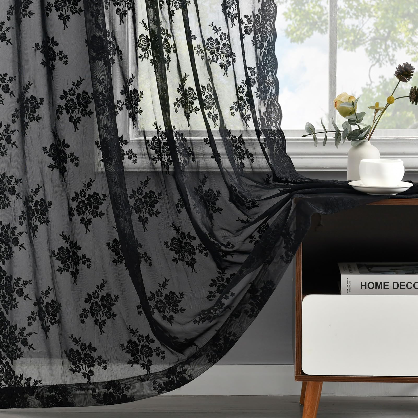 Kotile Black Lace Curtains 63 Inch Length 2 Panels, Country Rustic Floral Gothic Sheer Curtains for Halloween, Rod Pocket Vintag