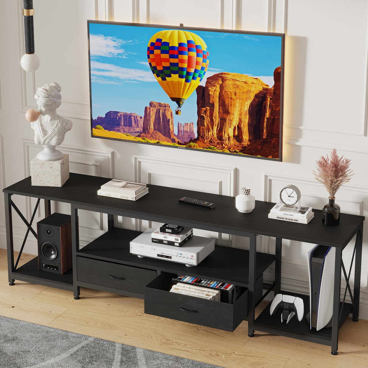 Gyiiyuo Tv Stand With Fabric Drawers For 65 70 75 Inches Tv - Entertainment Center And Industrial Tv Console Table With Open Sto
