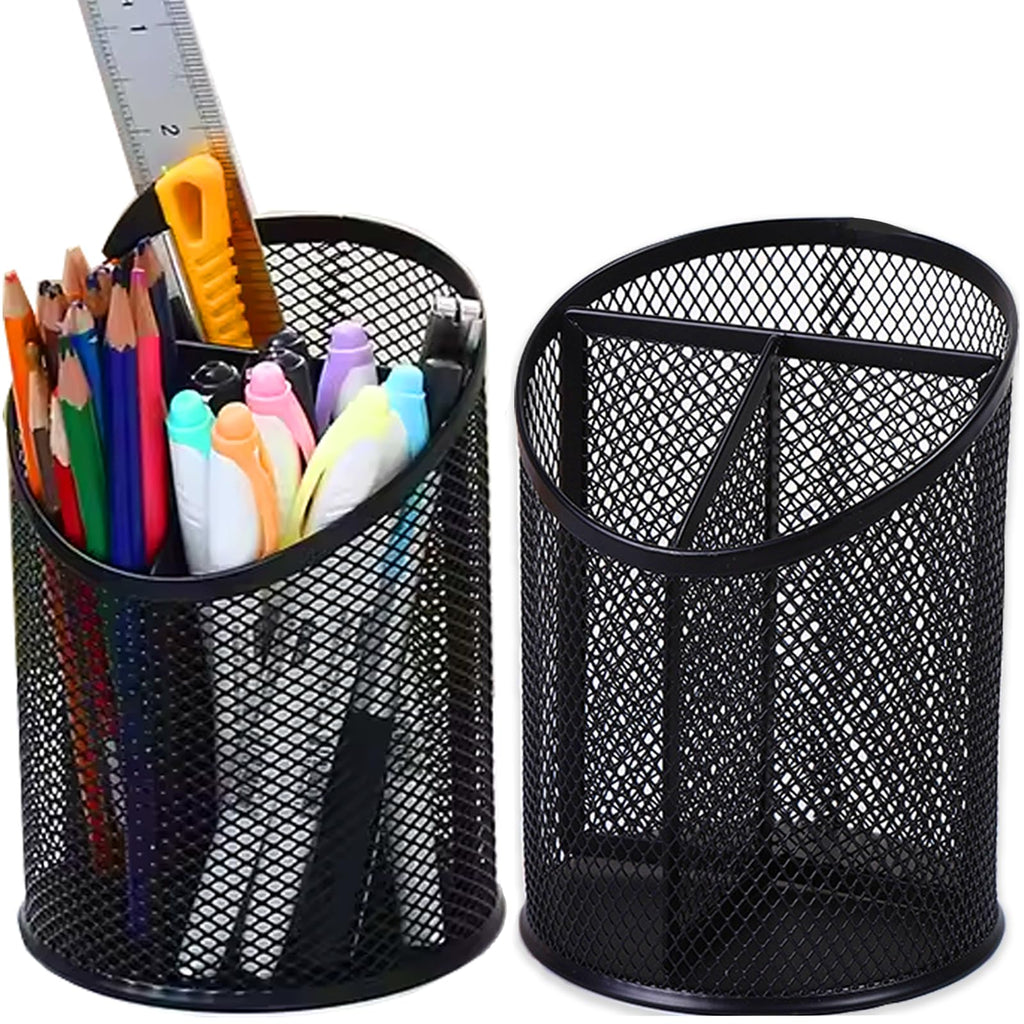 Mindepot 2 Pack Mesh Pencil Holder Pen Cup For Desk Round Black Pen Holder Desktop Pen Organizer 3 Compartments Pencil Organizer