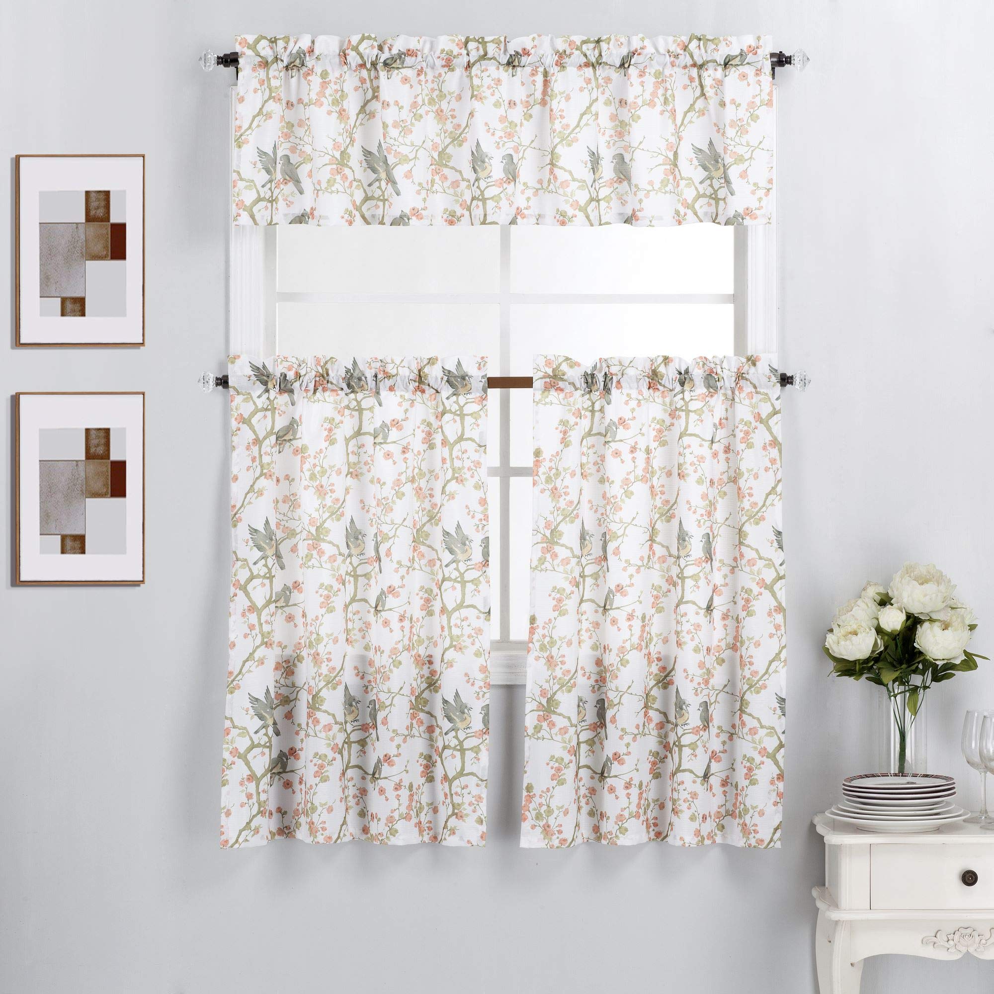 Interior Trends 3 Piece Kitchen Window Curtain Panel Tiers And Valance Set (36' Tiers Set, Bird Blossoms Coral)