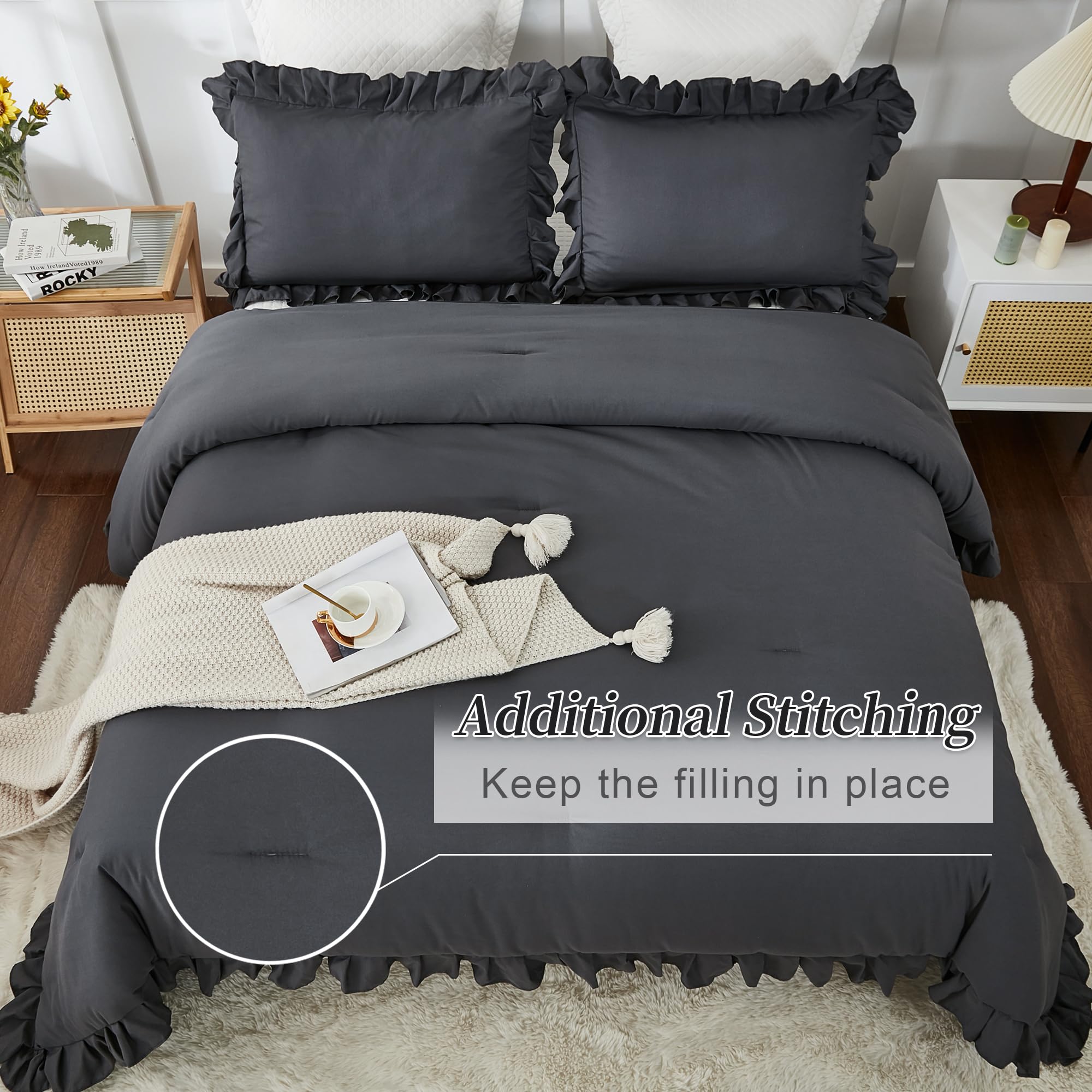 Andency Queen Comforter Set Dark Gray, 3 Pieces Boho Lightweight Summer Solid Bedding Comforters & Sets, Double Women Men Grey Ruffle Farmhouse Bed Set (90X90In Comforter & 2 Pillowcases)
