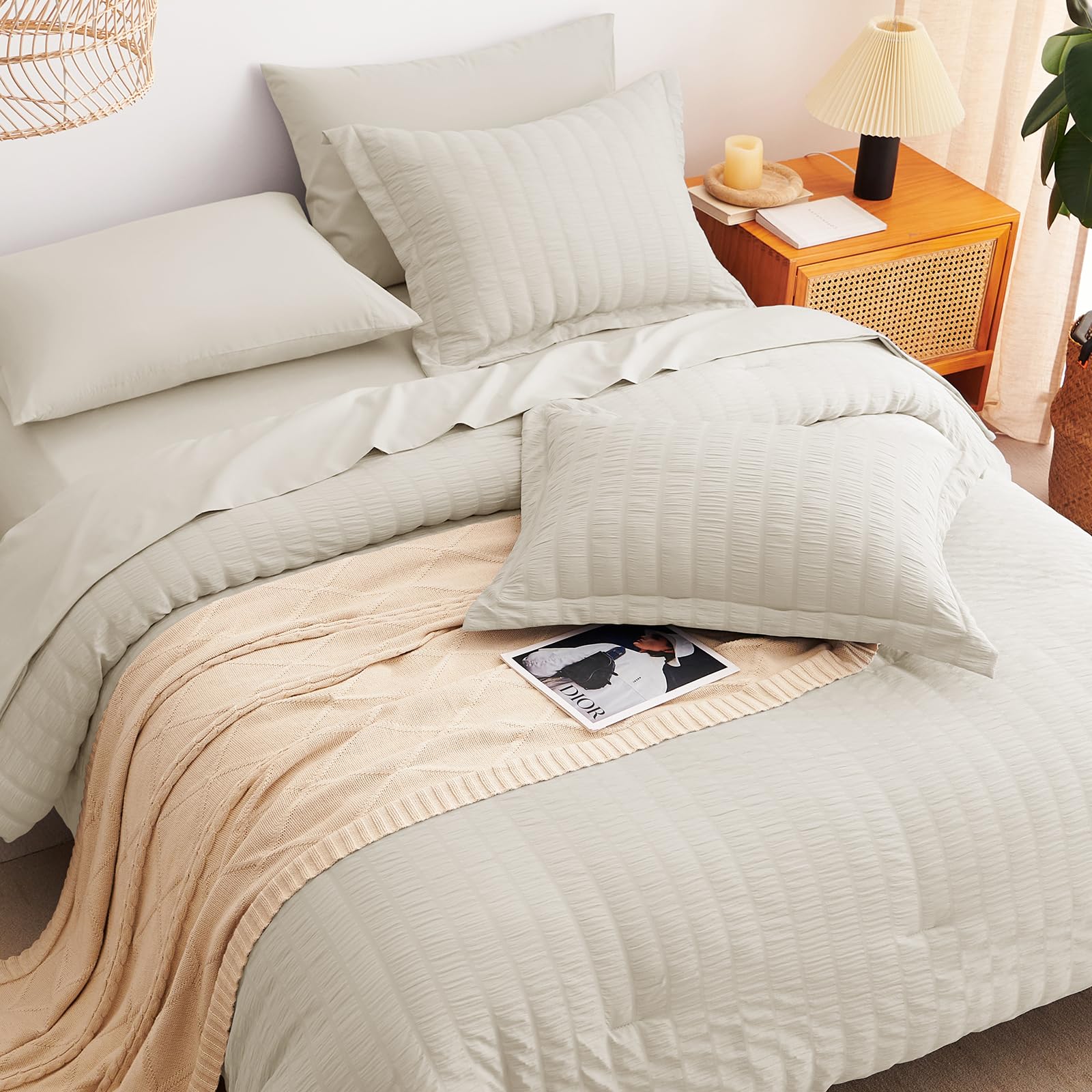 Cozylux King Seersucker Comforter Set With Sheets Oatmeal Bed In A Bag 7-Pieces All Season Bedding Sets With Comforter, Pillow Sham, Flat Sheet, Fitted Sheet, Pillowcase