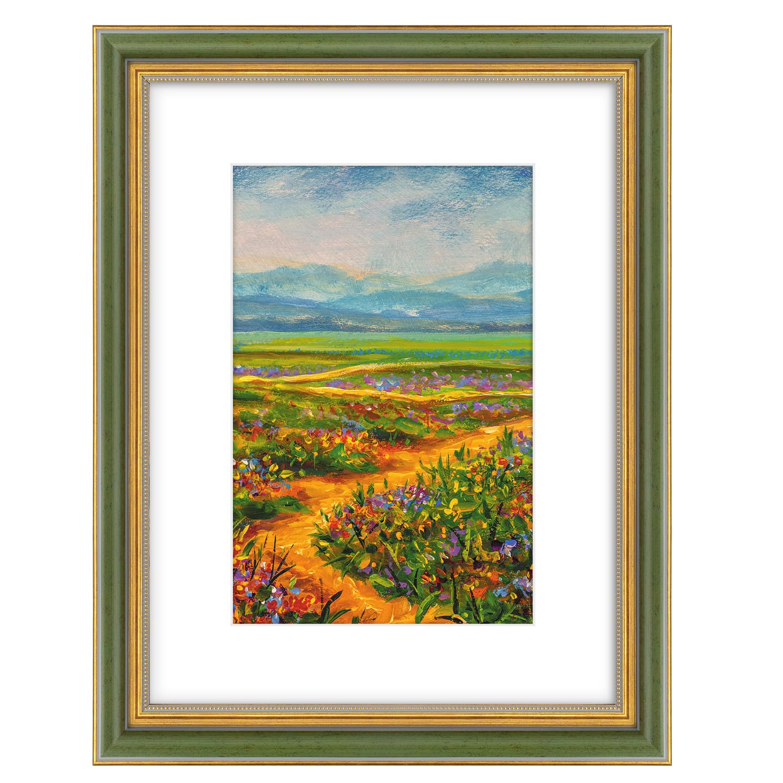 Golden State Art, 12x16 Ornate Picture Frame with White Mat for 8x12 Photo or Display 12x16 Print without Mat Color Green Gold (