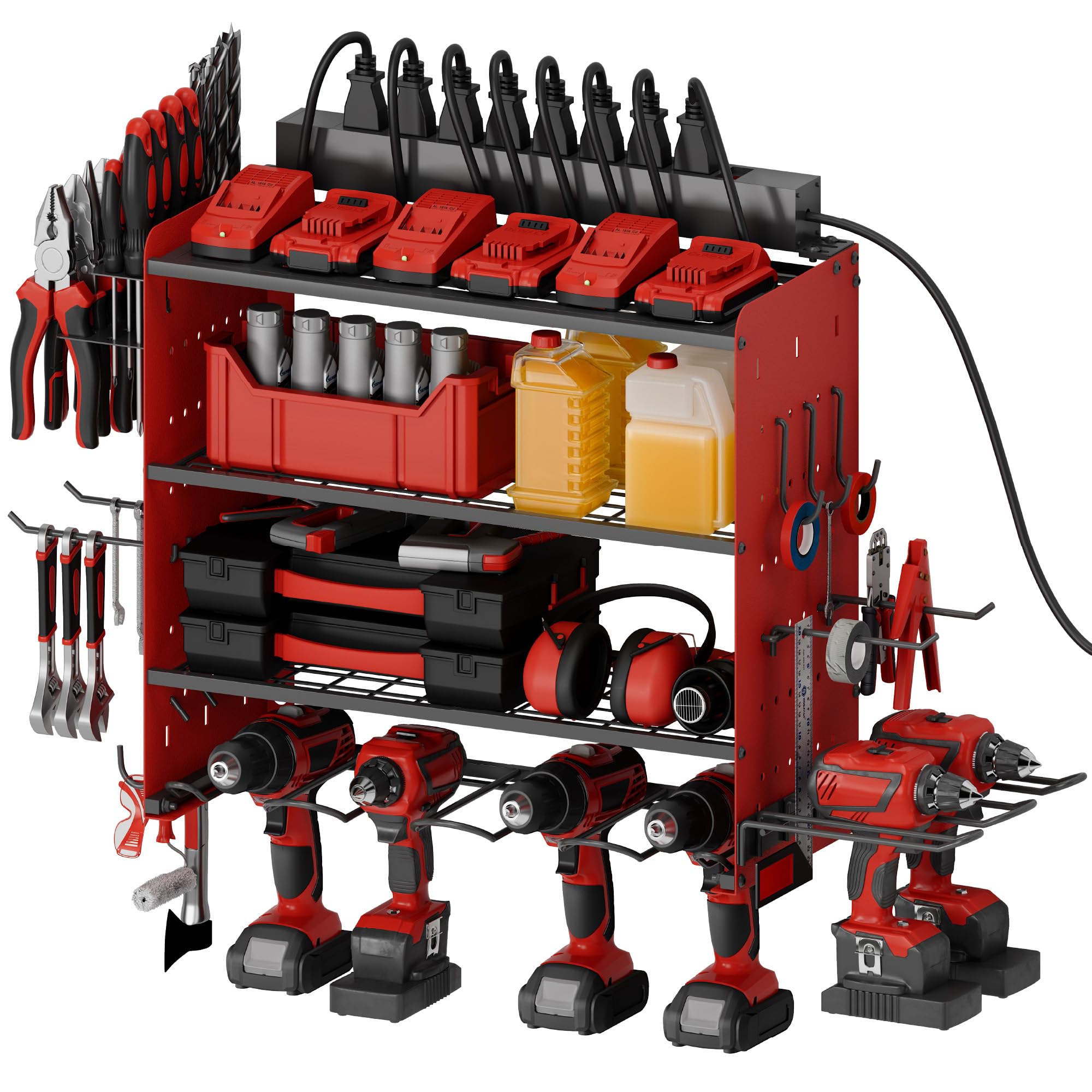 Sttoraboks Modular Power Tool Organizer With Charging Station, Wall Mount Garage Shelf Rack With Hooks For 6 Drills, 4-Layer Shelf, Heavy Duty Tool Battry Holder Built In 8 Outlet Power Strip, Red