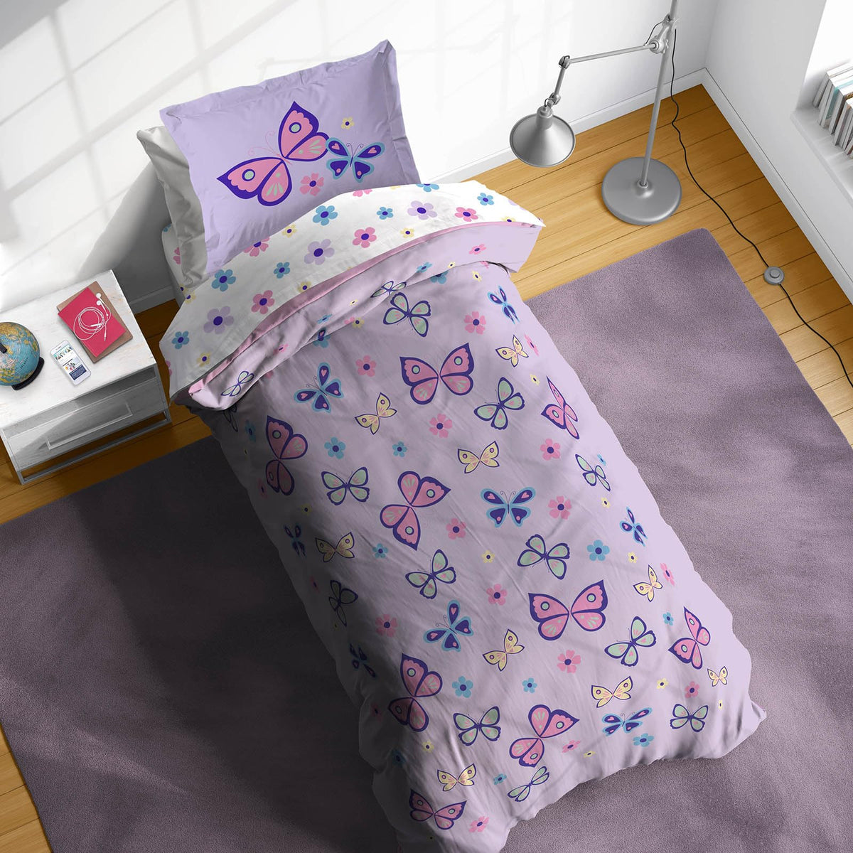 Sunny Side Up Butterfly Twin Comforter Set - 5 Piece Kids Bedding Includes Comforter, Sheets & Pillow Cover - Super Soft Purple