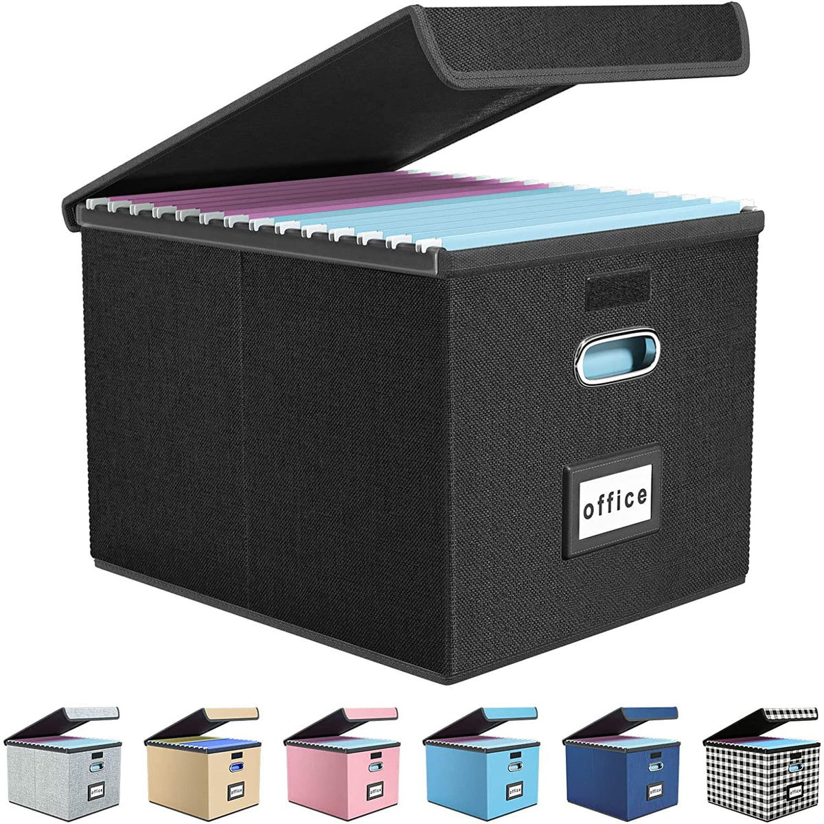 Huolewa Upgraded Portable File Organizer Box, Large Linen Hanging Office Document Storage Box With Lid - Black, Collapsible Fili